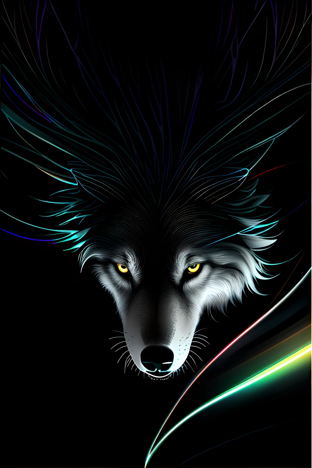 swirling vortexes, a gray wolf, grace, dignified, integrity, holiness, brave heart, fang, neon gradation lighting, professional art work, ultra quality, associate graphic illustration, heat haze mist, (soft smooth long fur:1.2), through the darkness, clear eyes, blowing wild, demon of war, broken glass dripping background intricate detail,