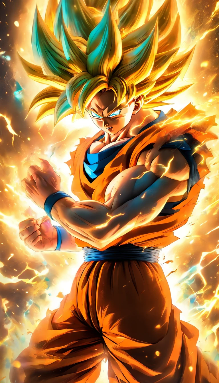 Action-filled depiction of Goku in Super Saiyan mode from Dragon Ball, with bright, explosive background effects, rendered in the style of Rossdraws and Stanley Artgerm Lau.