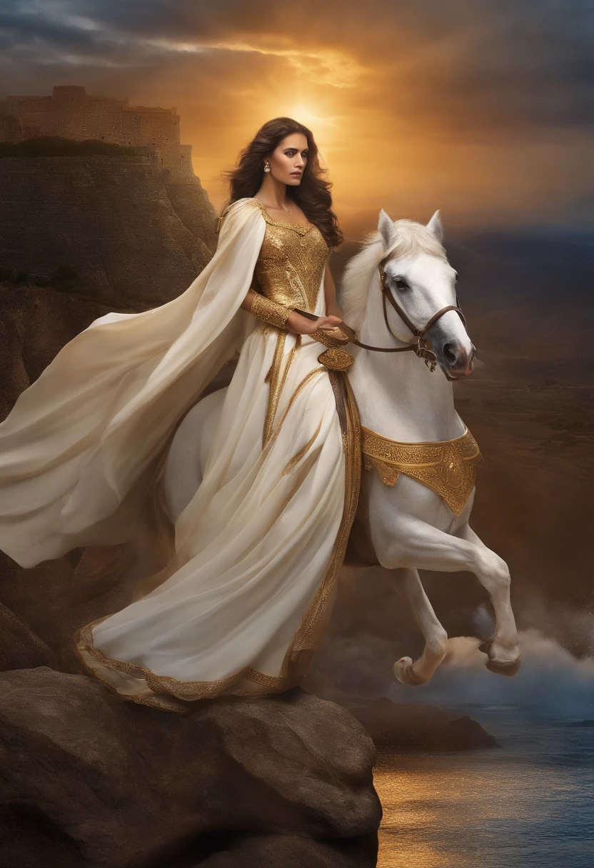 Create an artistic representation of the scene described in Revelation 19:11-21, with the following characteristics:
- No centro da imagem, coloque um cavaleiro em um cavalo branco com olhos de chamas de fogo.
- O cavaleiro deve estar vestido com um manto tingido de sangue e uma coroa com o nome "REI DOS REIS E SENHOR DOS SENHORES".
- Ao redor do cavaleiro, Position armies of the heavens dressed in fine linen, montados em cavalos brancos.
- In the Knight's Hand, put on a sharp sword with which he will smite the nations.
- Na parte superior da imagem, Add an angel standing in the sun crying out loud.
- No canto inferior da imagem, represente a besta, The kings of the earth and their assembled armies.
- Use cores vibrantes para representar a cena e adicione um efeito de luz intensa ao redor do cavaleiro.
Generate the image and highlight all the details mentioned in the biblical passage.