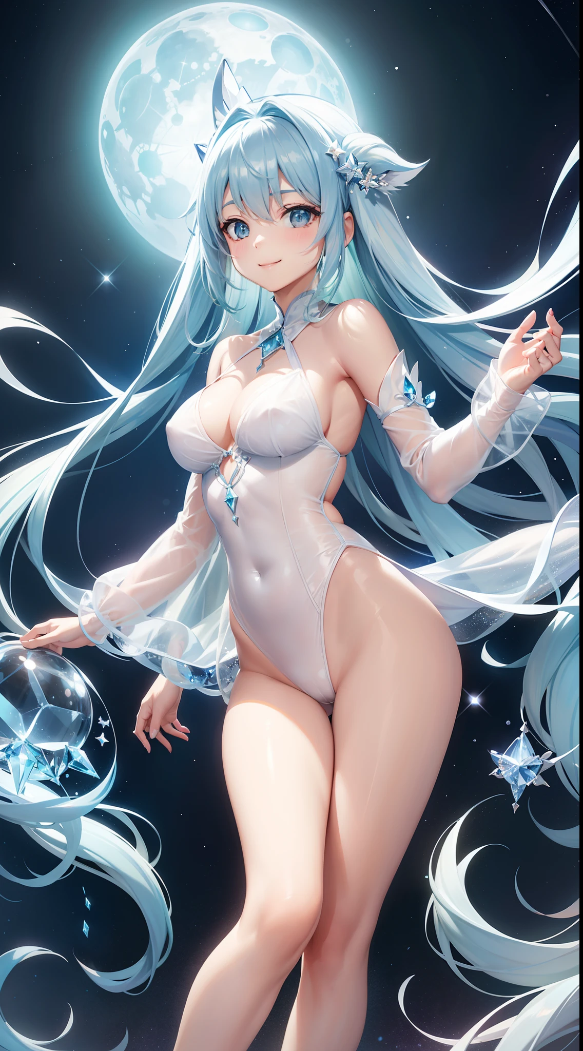 Pretty girl、A charming smile、Light blue long hair、Engaging pose、Twin-tailed、See-through white leotard、Fantasia、Crystal jade、constellation、a moon、Fantastic background