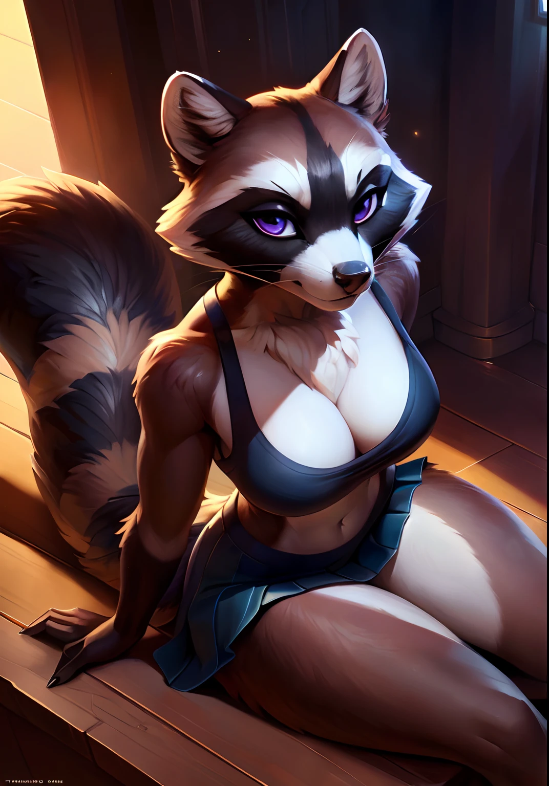 uploaded on e621, by Pixelsketcher, by Bayard Wu, by Thomas Benjamin Kennington , by Einshelm, solo anthro, (( portrait)), BREAK, ((wear tanktop, skirt)), , (detailed Bonifasko lighting), (detailed fur), (detailed skin), BREAK, (belly), ((facing viewer with legs spread)), (cinematic lighting), ((detailed background)), ((high-angle view)), (((three-quarter view))), (half body shadow), [backlighting], [crepuscular ray], [detailed ambient light], [gray natural lighting], [ambient light on the belly], (higher wildlife feral detail), [explict content], [sharp focus], (questionable content), (shaded), ((masterpiece), big hips, medium breasts, breasts, furry raccoon, raccoon face, Furry Fantasy Art, Anthro Art, Commission for High Res, Furry Art, POV furry Art,Sakimichan beautiful, masterpiece, big hips, medium breasts, best quality, detailed image, bright colors, detailed face, perfect lighting, perfect shadows, perfect eyes, girl focus, purple eyes, flawless face, medium breasts, gorgeous body, hourglass body, shiny body, center focus, squirrel ears, raccoon girl, fluffy, fluffy woman, body fur, animal nose, muzzle, two-tone fur, gaze at the viewer, half-closed eyes, 1girl, solo, full body, (masterpiece:1.21), (best quality:1.2), (illustration:1.2), (cinematic lighting:1.3), detailed fur, balanced coloring, global illumination, ray tracing, good lighting, raccoon, furry, anthro,big butt, showing breasts, cleavage, attractive body, sexy body, looking at viewer, seductive look, thick thighs, fit body, SFW