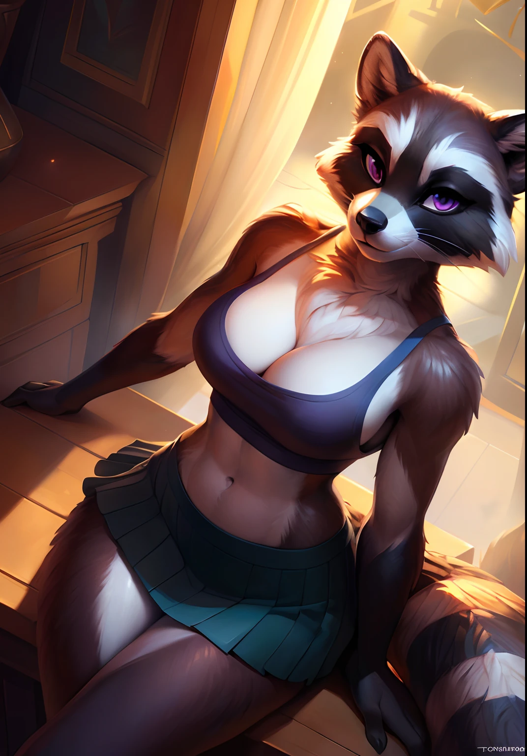 uploaded on e621, by Pixelsketcher, by Bayard Wu, by Thomas Benjamin Kennington , by Einshelm, solo anthro, (( portrait)), BREAK, ((wear tanktop, skirt)), , (detailed Bonifasko lighting), (detailed fur), (detailed skin), BREAK, (belly), ((facing viewer with legs spread)), (cinematic lighting), ((detailed background)), ((high-angle view)), (((three-quarter view))), (half body shadow), [backlighting], [crepuscular ray], [detailed ambient light], [gray natural lighting], [ambient light on the belly], (higher wildlife feral detail), [explict content], [sharp focus], (questionable content), (shaded), ((masterpiece), big hips, medium breasts, breasts, furry raccoon, raccoon face, Furry Fantasy Art, Anthro Art, Commission for High Res, Furry Art, POV furry Art,Sakimichan beautiful, masterpiece, big hips, medium breasts, best quality, detailed image, bright colors, detailed face, perfect lighting, perfect shadows, perfect eyes, girl focus, purple eyes, flawless face, medium breasts, gorgeous body, hourglass body, shiny body, center focus, squirrel ears, raccoon girl, fluffy, fluffy woman, body fur, animal nose, muzzle, two-tone fur, gaze at the viewer, half-closed eyes, 1girl, solo, full body, (masterpiece:1.21), (best quality:1.2), (illustration:1.2), (cinematic lighting:1.3), detailed fur, balanced coloring, global illumination, ray tracing, good lighting, raccoon, furry, anthro,big butt, showing breasts, cleavage, attractive body, sexy body, looking at viewer, seductive look, thick thighs, fit body, SFW