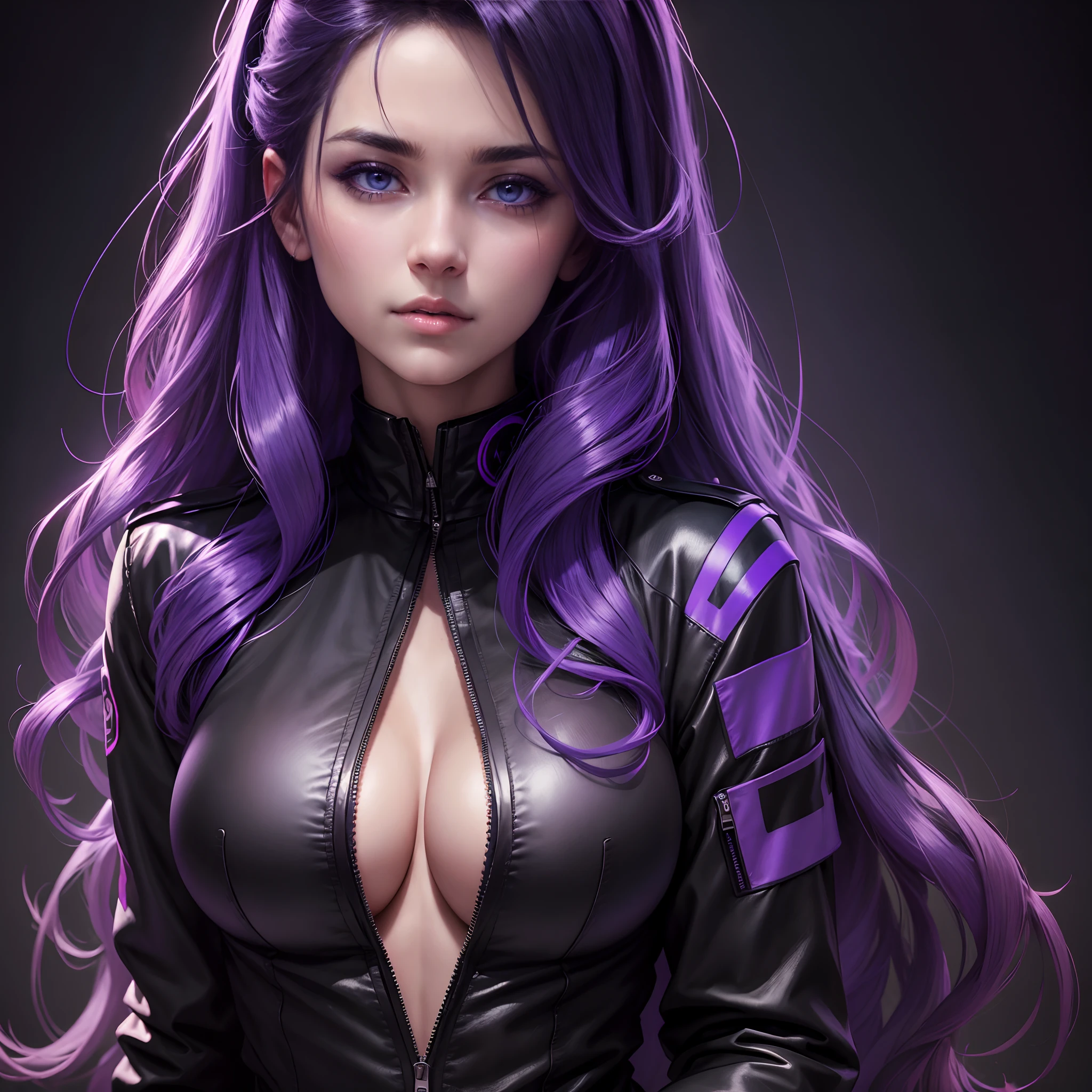 ((masterpiece)), ((realistic)), single portrait of a beautiful woman wearing a black military jacket, deep cleavage, long wavy black hair with purple and blue neon highlights and lighting, detailed sensual face, plain black background, purple and blue neon lighting