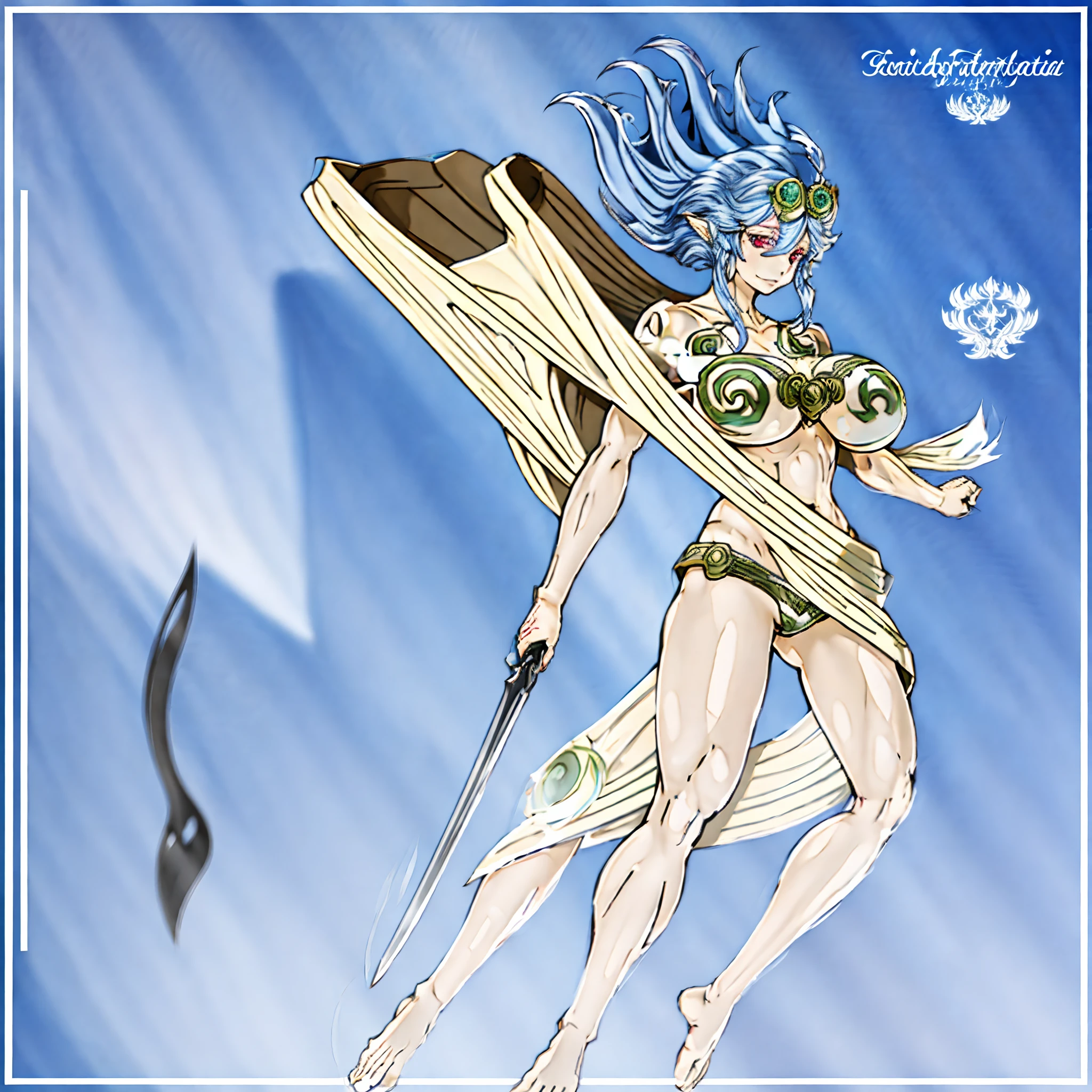 arafed image of a female character with a sword and a cape, skinny female fantasy alchemist, fey, complex fantasy character, cory chase as an atlantean, silvery skinned male elf, sexy pudica pose gesture, lady palutena, sfw version, pixiv contest winner, fantasy character, blue-skinned elf, fus rei, palutena, smile, red eyes, full body, blue hair