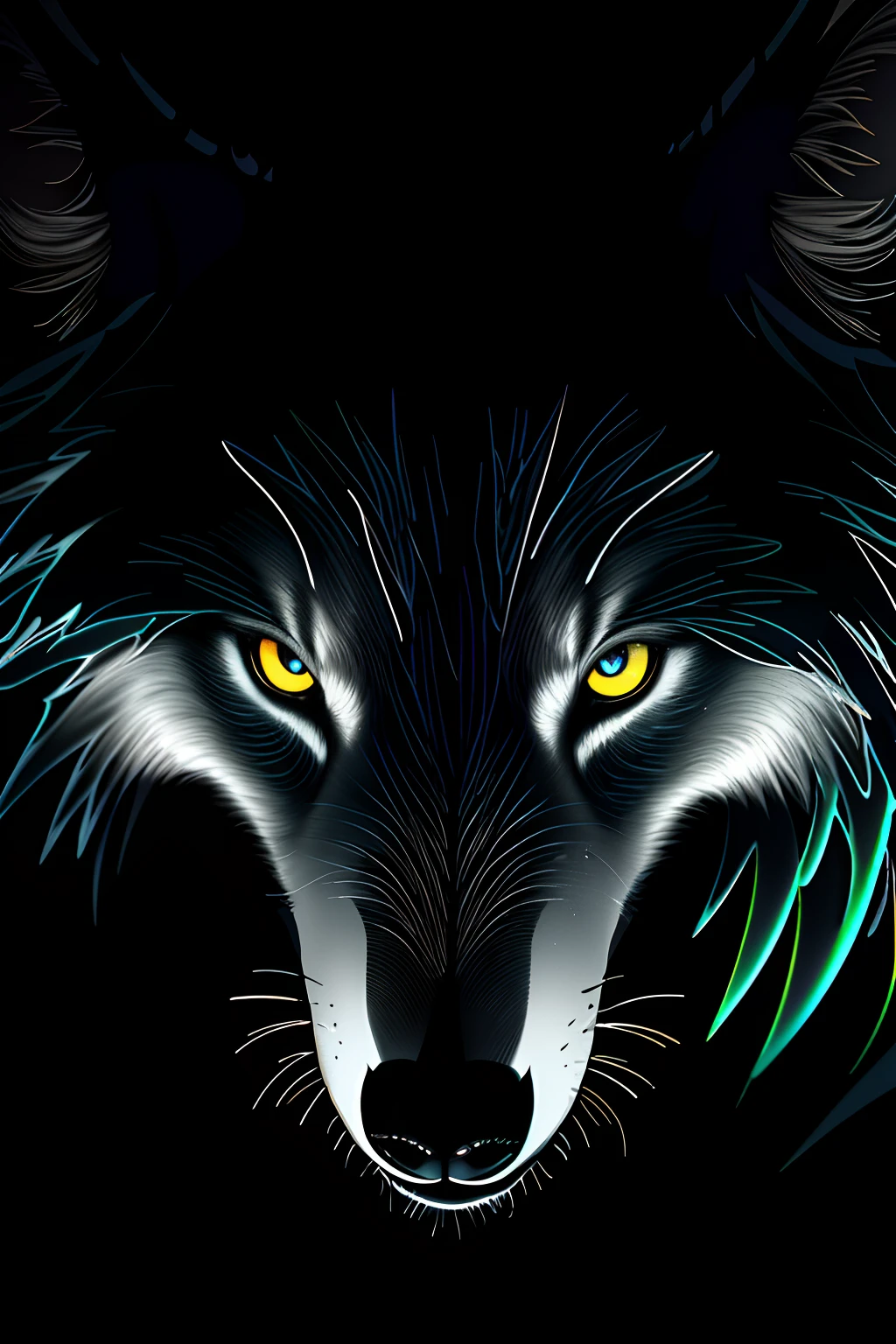 swirling vortexes, a gray wolf, grace, dignified, integrity, holiness, brave heart, fang, neon gradation lighting, professional art work, ultra quality, associate graphic illustration, heat haze mist, (soft smooth long fur:1.2), through the darkness, clear eyes, blowing wild, demon of war, broken glass dripping background intricate detail,