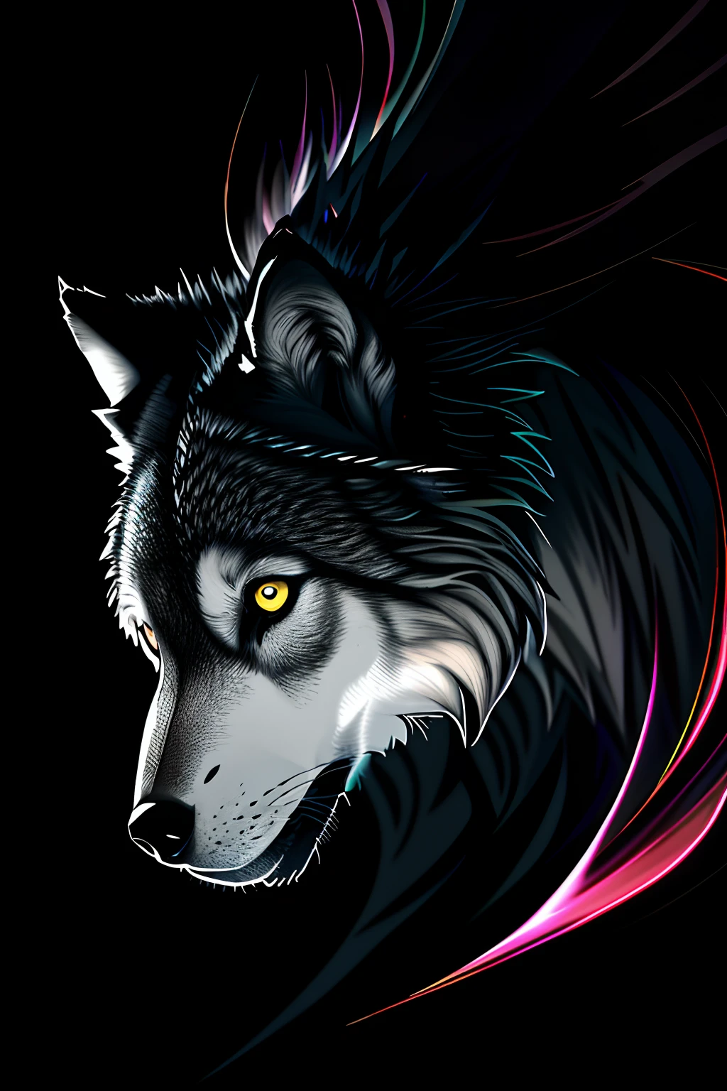 swirling vortexes, a gray wolf, grace, dignified, integrity, holiness, brave heart, fang, neon gradation lighting, professional art work, ultra quality, associate graphic illustration, heat haze mist, (soft smooth long fur:1.2), through the darkness, clear eyes, blowing wild, demon of war, broken glass dripping,