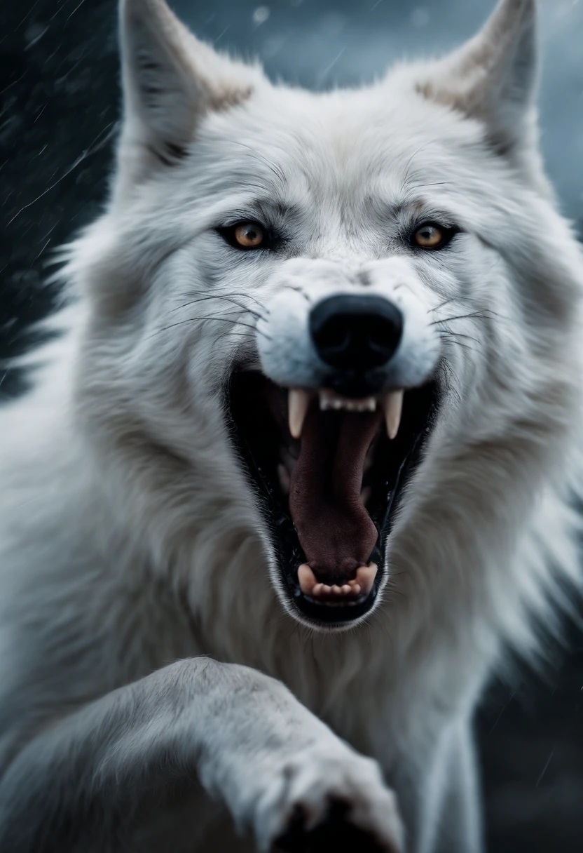 A hideous white wolf broke free of its chains,A crazy roar between wind and lightning