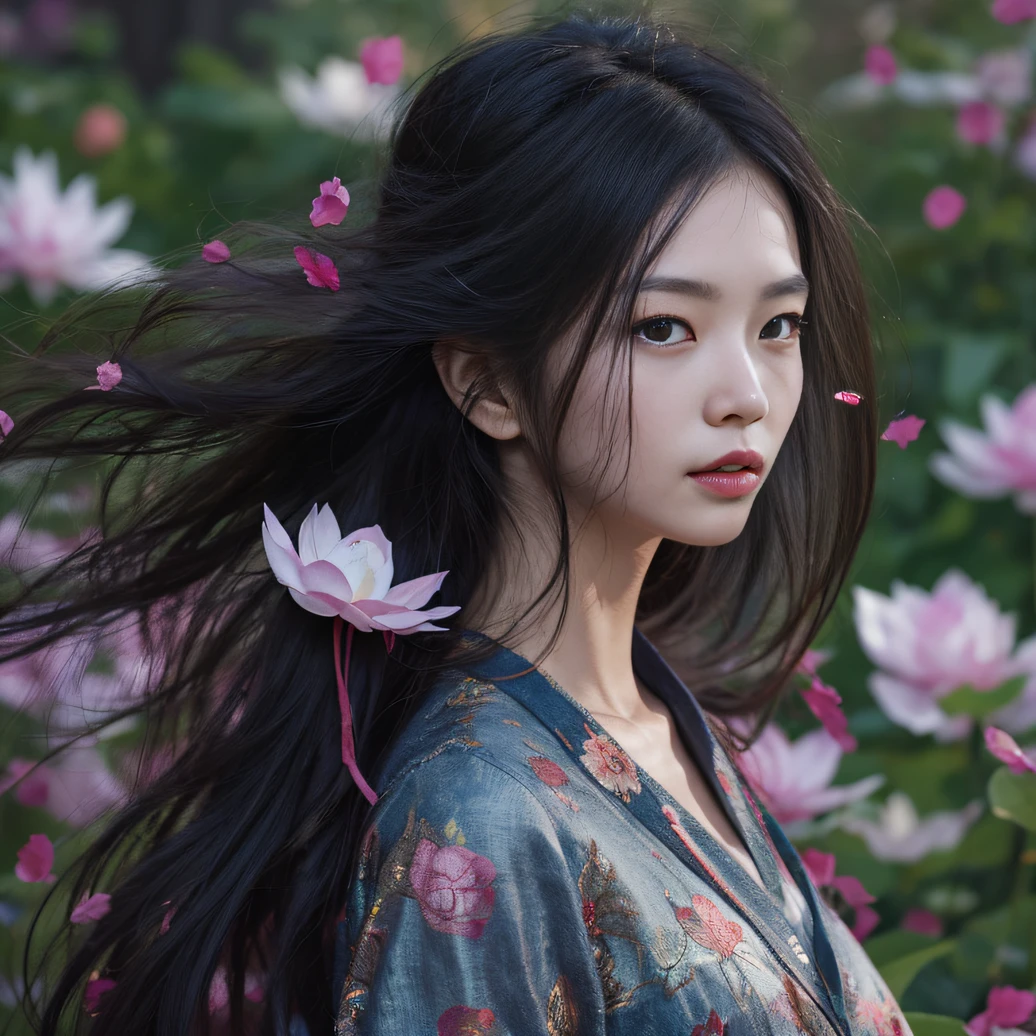 32K(tmasterpiece,k hd,hyper HD,32K)Long flowing black hair,ponds,zydink, a color, Aozhou people (Concubine girl), (Purple silk scarf), Combat posture, looking at the ground, long whitr hair, Floating hair, Carp pattern headdress, Chinese long-sleeved clothing, (Abstract gouache splash:1.2), Pink petal background,Pink and white lotus flowers fly(realisticlying:1.4),Black color hair,Fallen leaves flutter,The background is pure, A high resolution, the detail, RAW photogr, Sharp Re, Nikon D850 Film Stock Photo by Jefferies Lee 4 Kodak Portra 400 Camera F1.6 shots, Rich colors, ultra-realistic vivid textures, Dramatic lighting, Unreal Engine Art Station Trend, cinestir 800,Long flowing black hair,Denim skirt