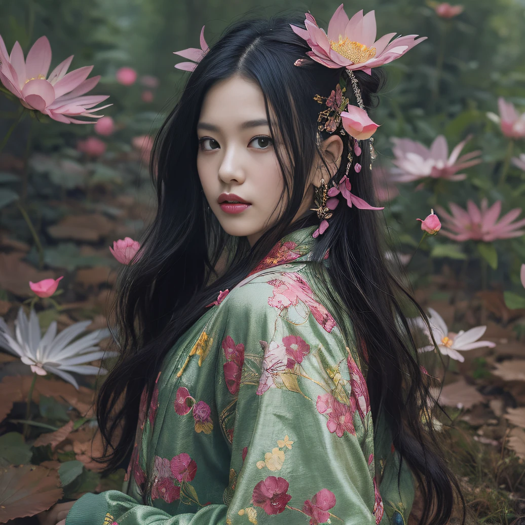 32K（tmasterpiece，k hd，hyper HD，32K）Long flowing black hair，ponds，zydink， a color， Aozhou people （Concubine girl）， （Purple silk scarf）， Combat posture， looking at the ground， long whitr hair， Floating hair， Carp pattern headdress， Chinese long-sleeved clothing， （Abstract gouache splash：1.2）， Pink petal background，Pink and white lotus flowers fly（realisticlying：1.4），Black color hair，Fallen leaves flutter，The background is pure， A high resolution， the detail， RAW photogr， Sharp Re， Nikon D850 Film Stock Photo by Jefferies Lee 4 Kodak Portra 400 Camera F1.6 shots, Rich colors, ultra-realistic vivid textures, Dramatic lighting, Unreal Engine Art Station Trend, cinestir 800，Long flowing black hair，Denim skirt