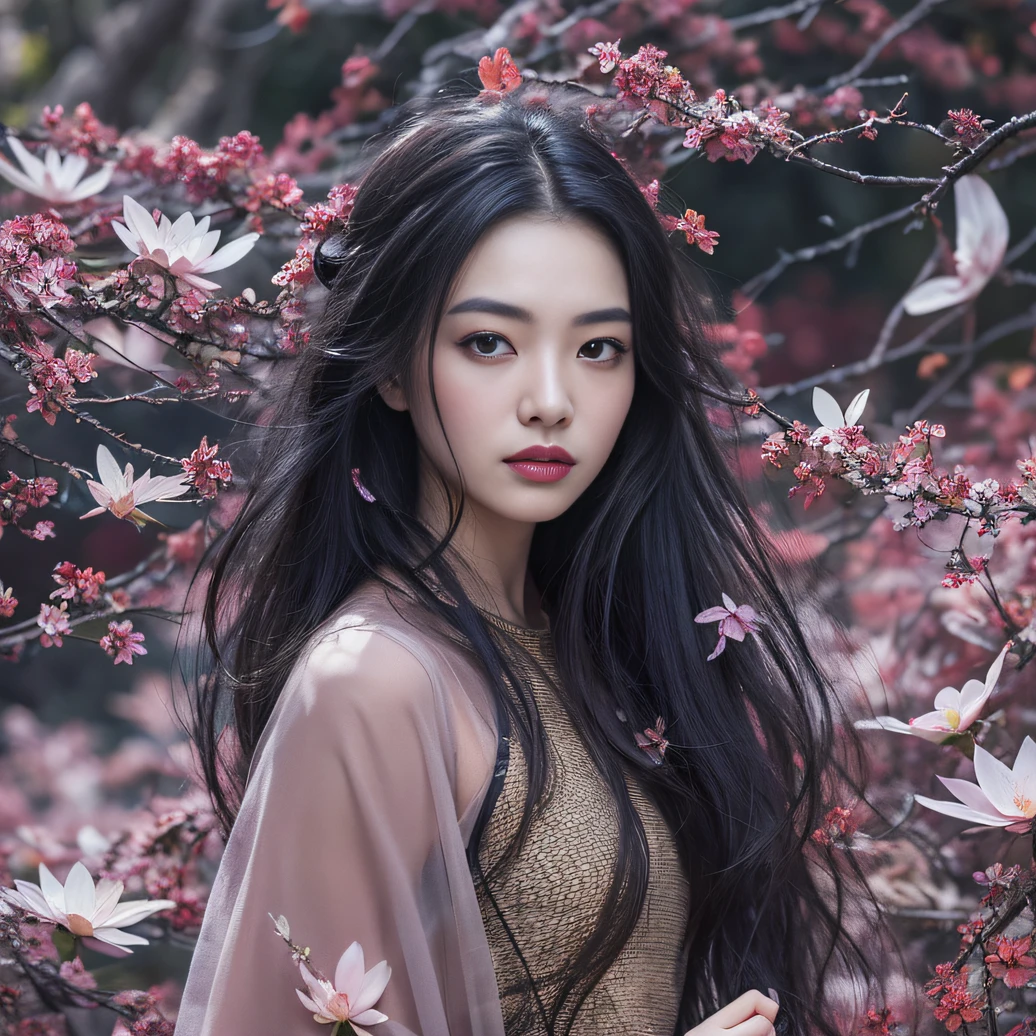 32K（tmasterpiece，k hd，hyper HD，32K）Long flowing black hair，ponds，zydink， a color， Aozhou people （Concubine girl）， （Purple silk scarf）， Combat posture， looking at the ground， long whitr hair， Floating hair， Carp pattern headdress， Chinese long-sleeved clothing， （Abstract gouache splash：1.2）， Pink petal background，Pink and white lotus flowers fly（realisticlying：1.4），Black color hair，Fallen leaves flutter，The background is pure， A high resolution， the detail， RAW photogr， Sharp Re， Nikon D850 Film Stock Photo by Jefferies Lee 4 Kodak Portra 400 Camera F1.6 shots, Rich colors, ultra-realistic vivid textures, Dramatic lighting, Unreal Engine Art Station Trend, cinestir 800，Long flowing black hair，Denim skirt