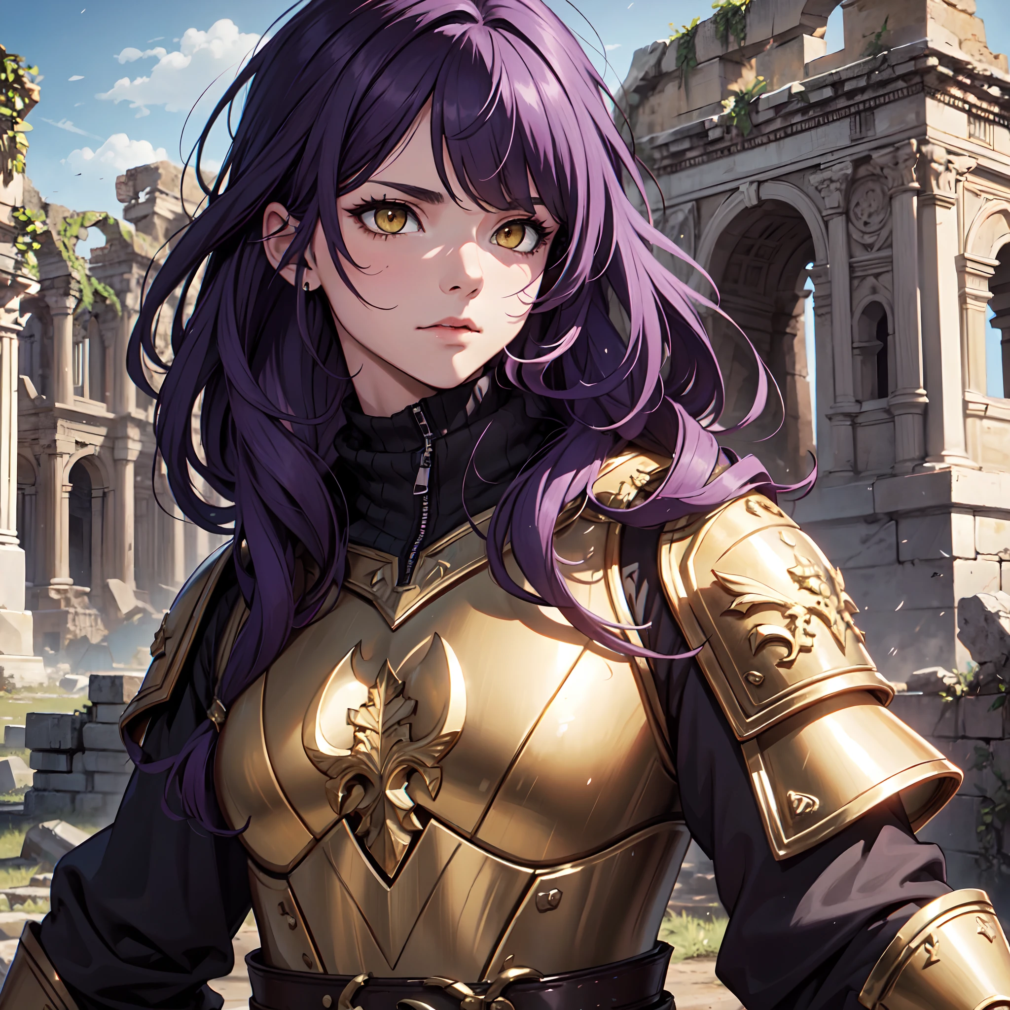Ultra High Definition,
Ultra High Quality,
Hyper Definition,
Hyper Quality,
Hyper Detailed,
Extremely Detailed,
Perfectly Detailed,
8k,
1 Boy,
Long Purple Hair,
Under Cut Hairstyle,
Solid Yellow Eyes,
Handsome,
Armored With Roman Emperor Armor,
Ancient Roman Empire Ruins Background,