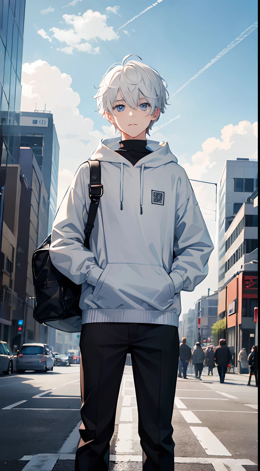 1boy, short white hair, sky-blue eyes, gray hoodie, Black pants, city, hight resolution, 8K, Utrasharp, masutepiece, Looking at Viewer
