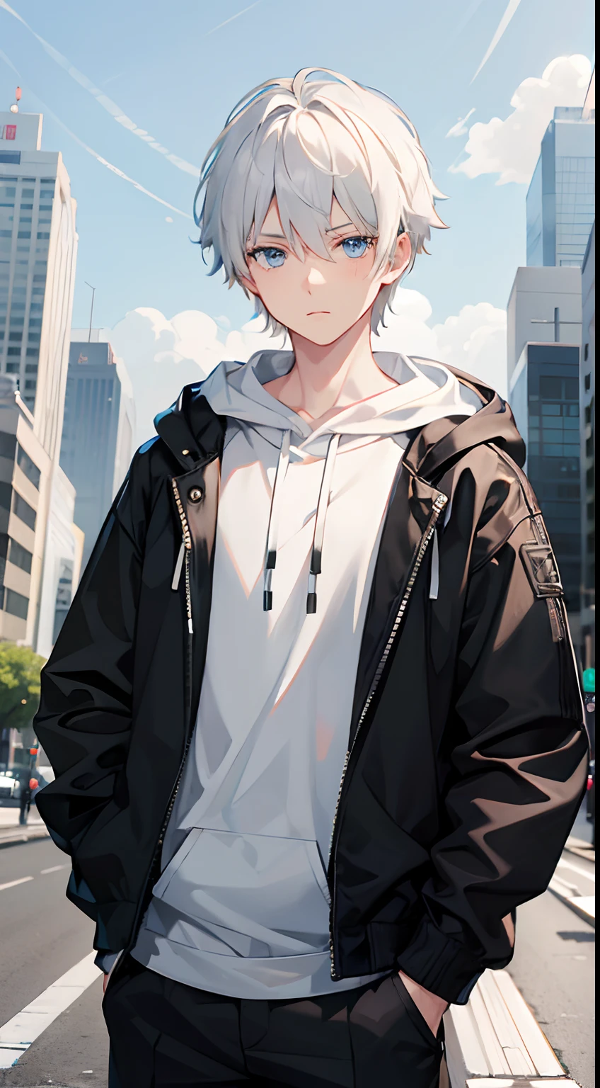 1boy, short white hair, sky-blue eyes, gray hoodie, Black pants, city, hight resolution, 8K, Utrasharp, masutepiece, Looking at Viewer