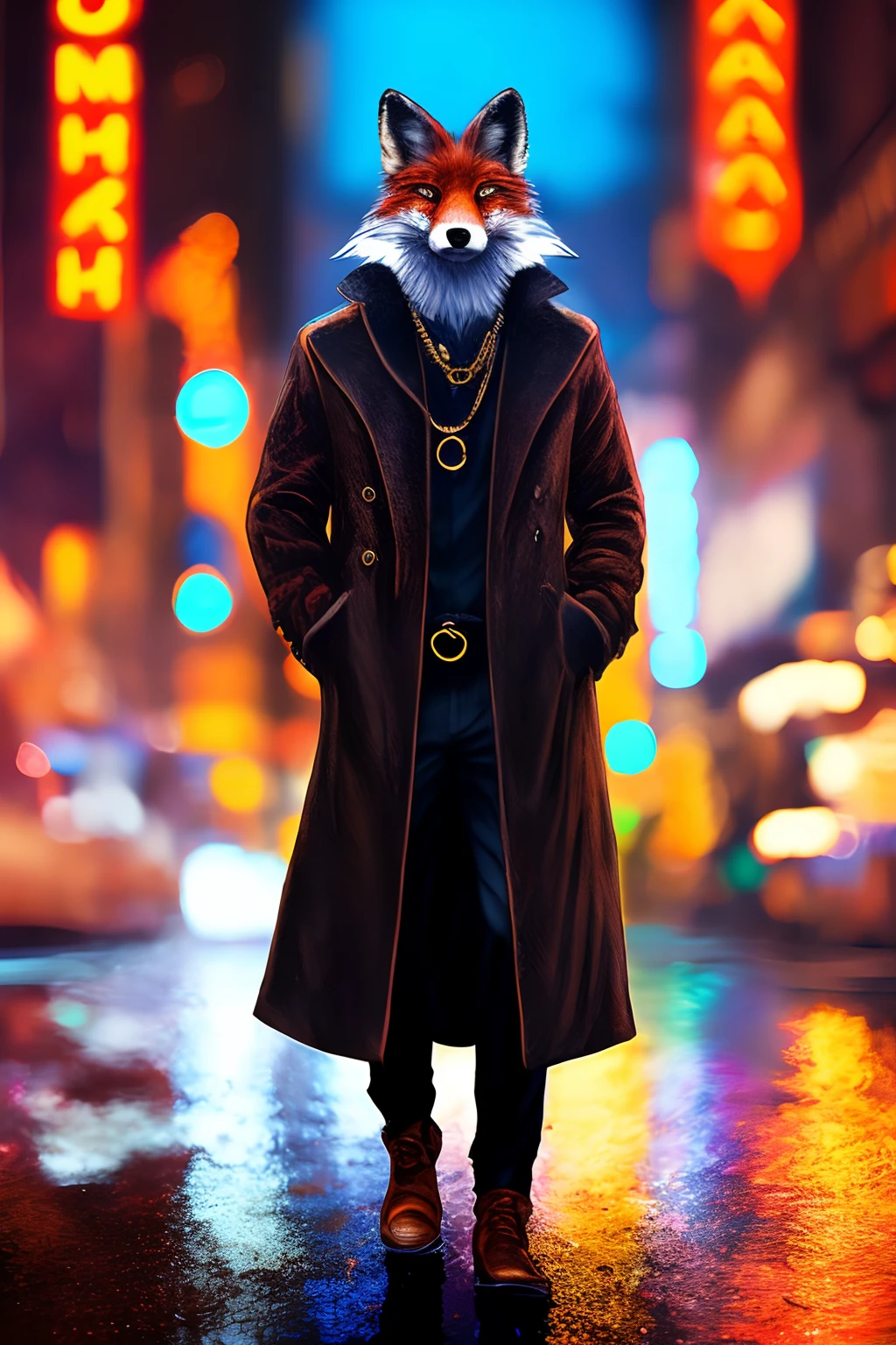 ((realistic)), ((detailed)), illustration, scene perspective (urban setting), character appearance (dark fur fox-headed and humanoid body wearing a sleek overcoat, gold chains, and rings while smoking a cigar amidst a rainy night with an imposing air), background elements (wet streets reflecting the city lights, neon signs and buildings in the background).