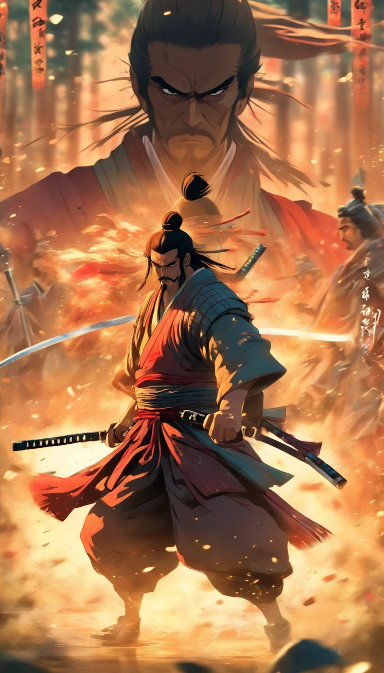 Anime-style rendering of a historic Samurai duel, with highly detailed characters and a scenic, atmospheric background, reminiscent of art by Hideaki Anno and Stanley Artgerm Lau.