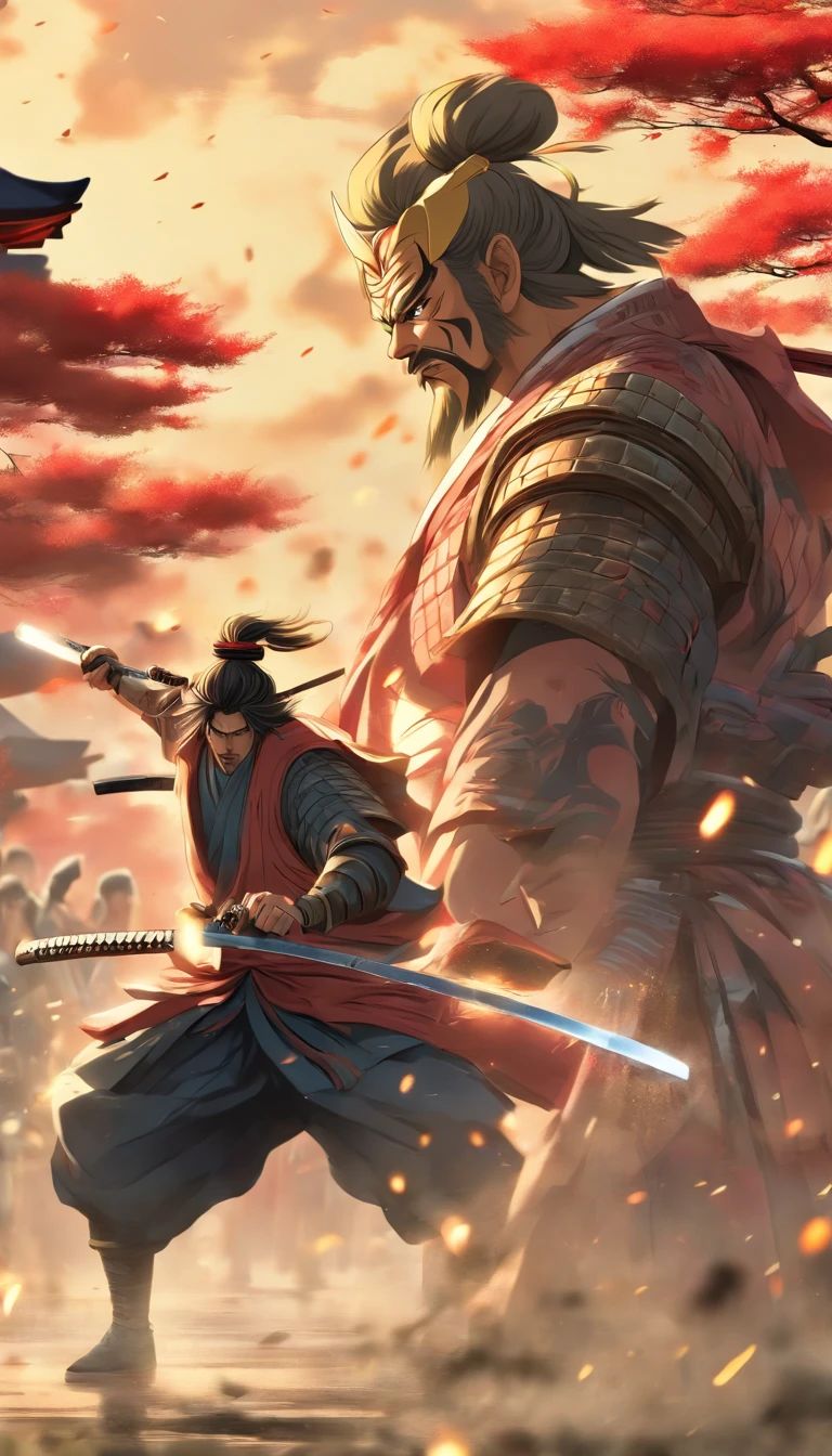 Anime-style rendering of a historic Samurai duel, with highly detailed characters and a scenic, atmospheric background, reminiscent of art by Hideaki Anno and Stanley Artgerm Lau.