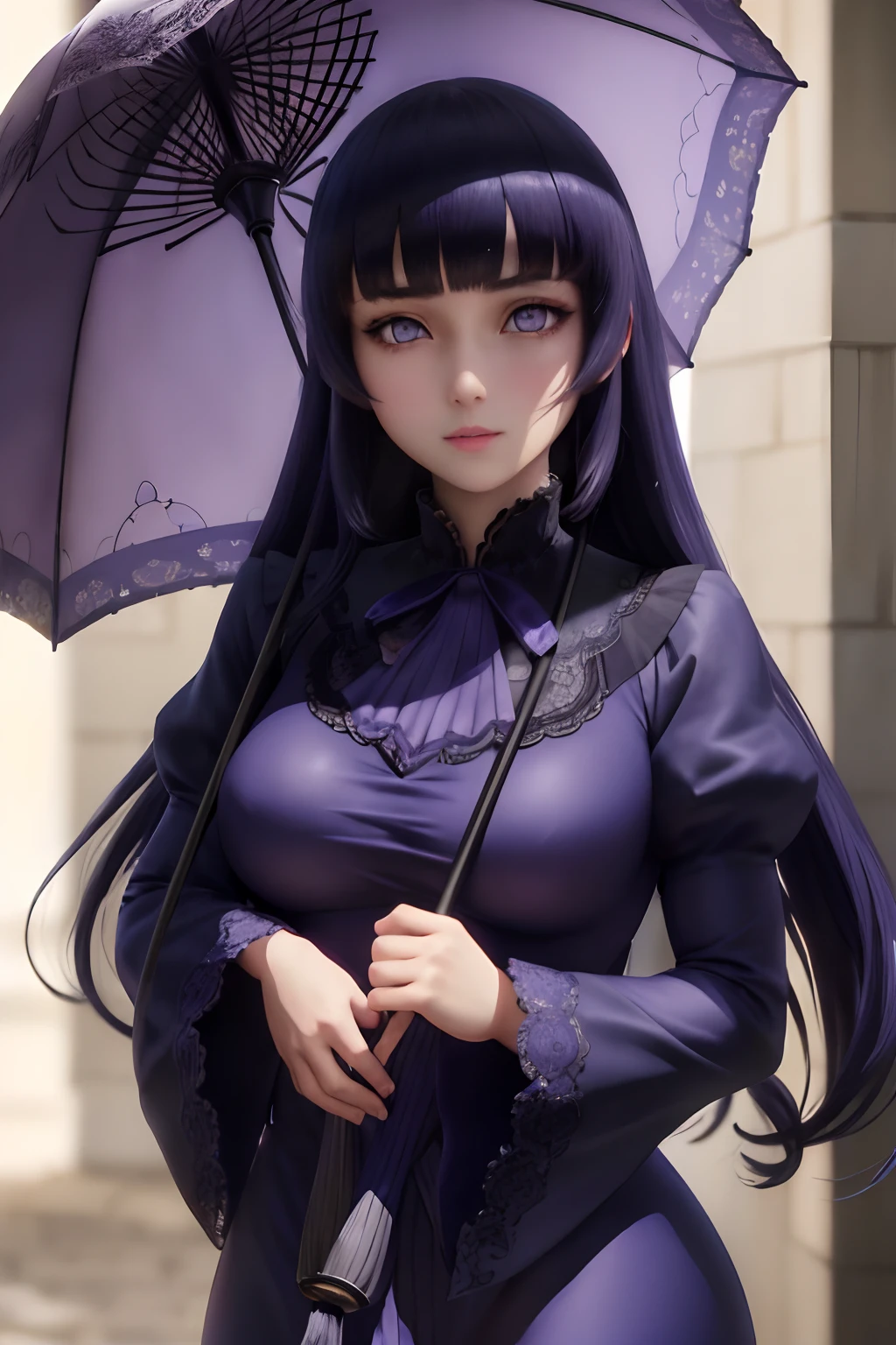 {High detailing, high quality, masterpiece, Artstation, pixiv, Anime Art 4k, cg art, SFW version} An anime girl, fair skin, [white skin: 0.8] anime girl with purple hair, anime style girl, doing a sensual pose, wearing a short ripped dress open at the belly, posing in a short dress torn in black color with violet details, wearing a black Japanese style hat, detailed body, tabby body, large thighs, large hips, thin waist [large breasts:  2.0], full breasts, large breasts, detailed eyes(eyes in high quality, eyes in color: purple), influence of the wind, [Background: big city, blue sky, daytime], Expression: Happy, smiling, smelling, Surrealism, Conceptual art, high detail, Pop art, Hyperrealism, anime style, depth of field, cinematic lighting, ray tracing, reflection light, UHD, masterpiece, textured skin, high quality, high details, super detail,  best quality, 8k