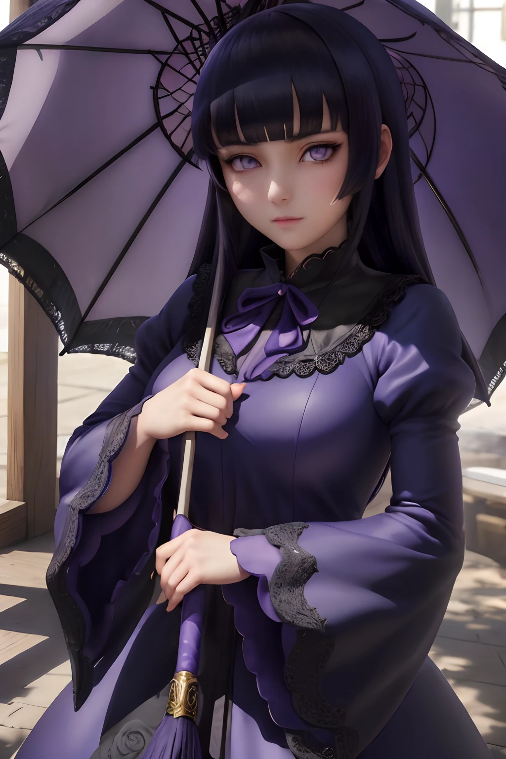(masterpiece), (best quality), HDR, intricate detail, soft shadow, shadow on face, 1girl, artist_request, long_sleeves, lowres, parody, purple_eyes, rozen_maiden, solo, suigintou, umbrella, dark blue_hair, Blunt Bangs