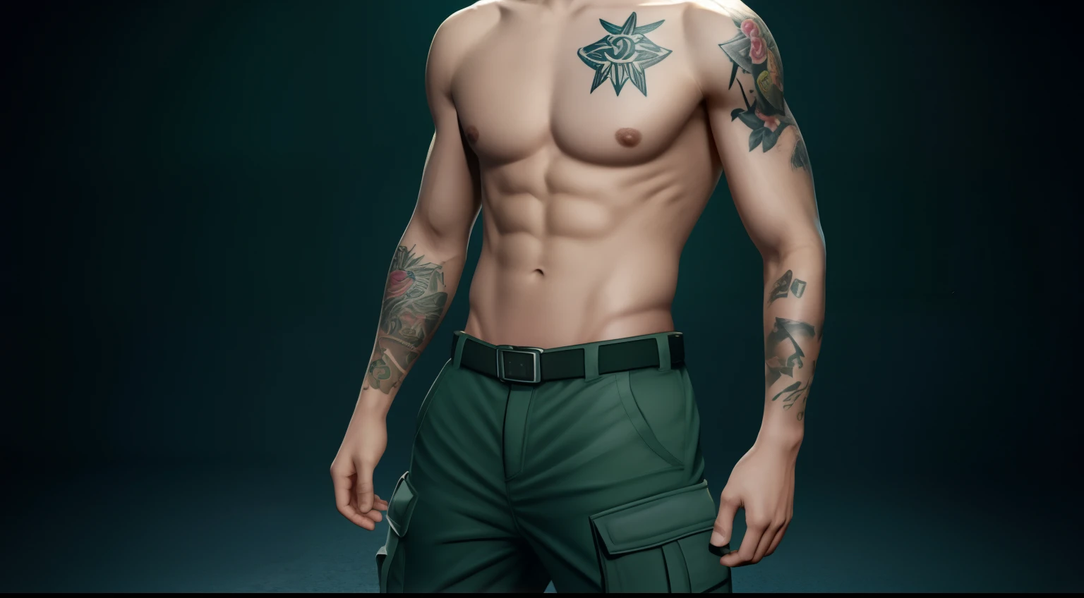Pixar render, young male, age, screensaver, caucassian masculine square face, green dark hair, cargo pants, best quality, topless, tattoo, full upper body view