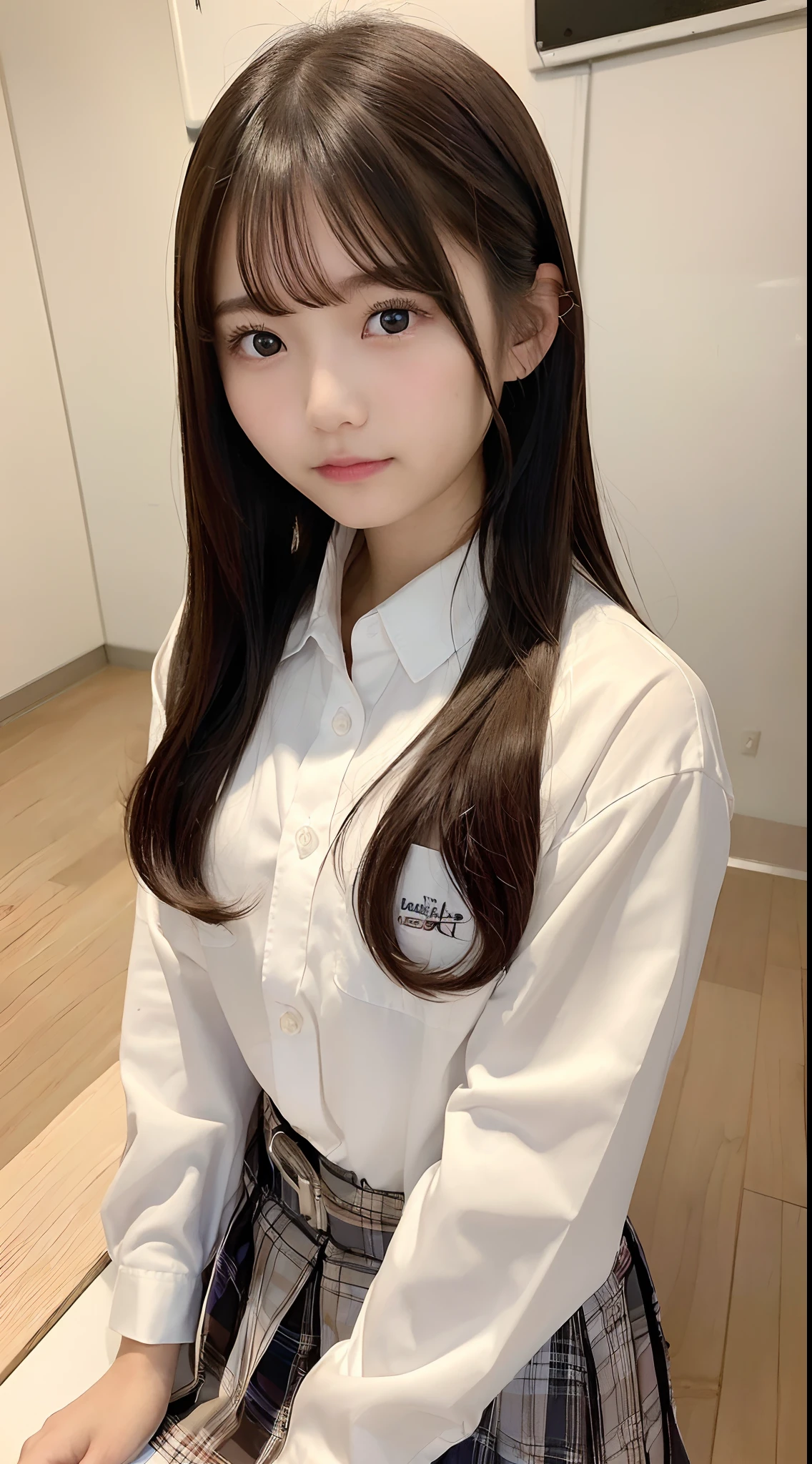 a beauty girl、Very very cute face、(((Very small breasts)))、slender body and limbs、Female School Uniform、Open the top two buttons、Short skirts、(Keep previous face、Keep your previous outfit)、(((with a pure white background)))、Smile with your mouth wide open