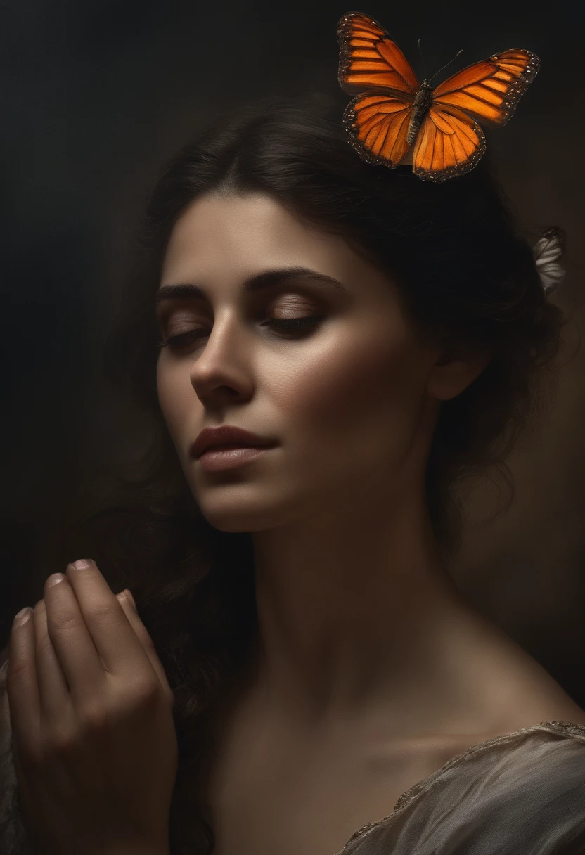 "Ultra-realistic depiction of a girl, Sentado con tristeza, agony, ((gotas para los ojos secos, Face focused by the camera)), cabello desordenado y rizado, cara y tela polvorientas,(( Una ciudad destruida en el fondo, Fuego, Human corpse on land, Some people are crying, edificio destruido)), A butterfly sits on your index finger, (((She is looking at the butterfly and a little smile))), hiper detallado, Dynamic color, Tono negro y gris, Super emotional image, Contra un fondo inquietantemente oscuro y rodeado de humo oscuro arremolinado. La imagen debe estar en un cautivador 16:Formato 9."