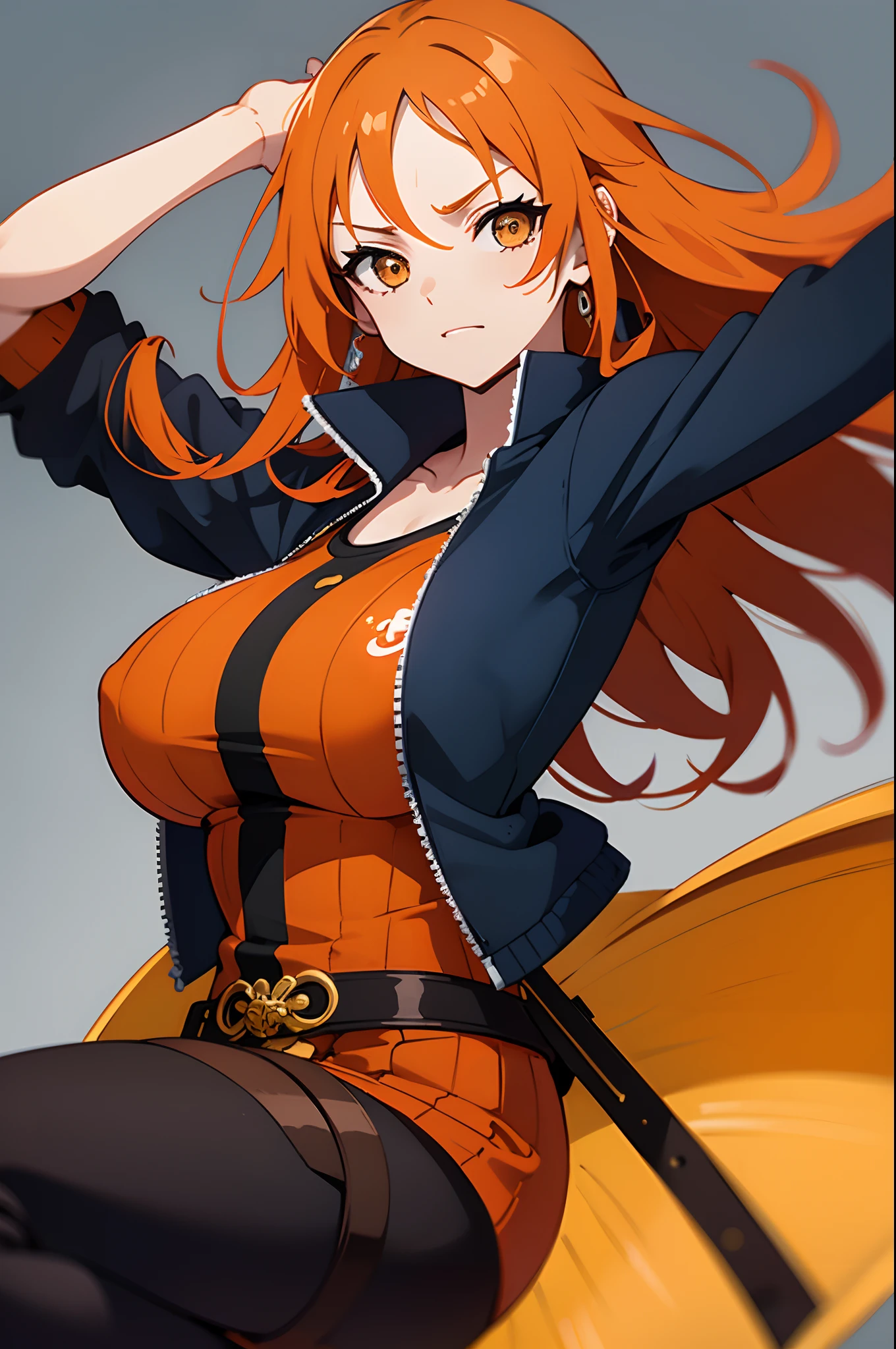 young lady, (1 girl), nami (one_piece), detailed face, Orange hair, long hair, cap, militar jacket white, red tight shirt, huge breasts, slender waist, simple background,