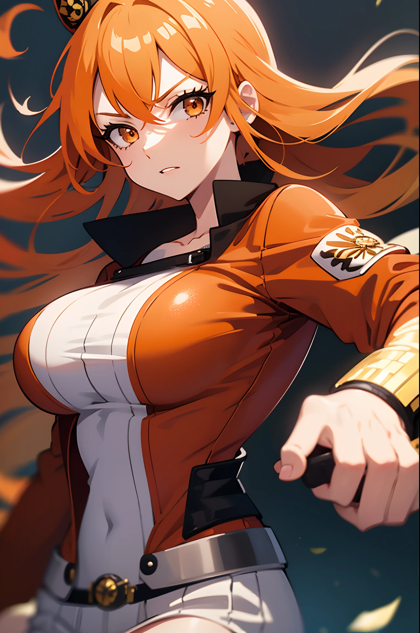 young lady, (1 girl), nami (one_piece), detailed face, Orange hair, long hair, cap, militar jacket white, red tight shirt, huge breasts, slender waist, simple background,