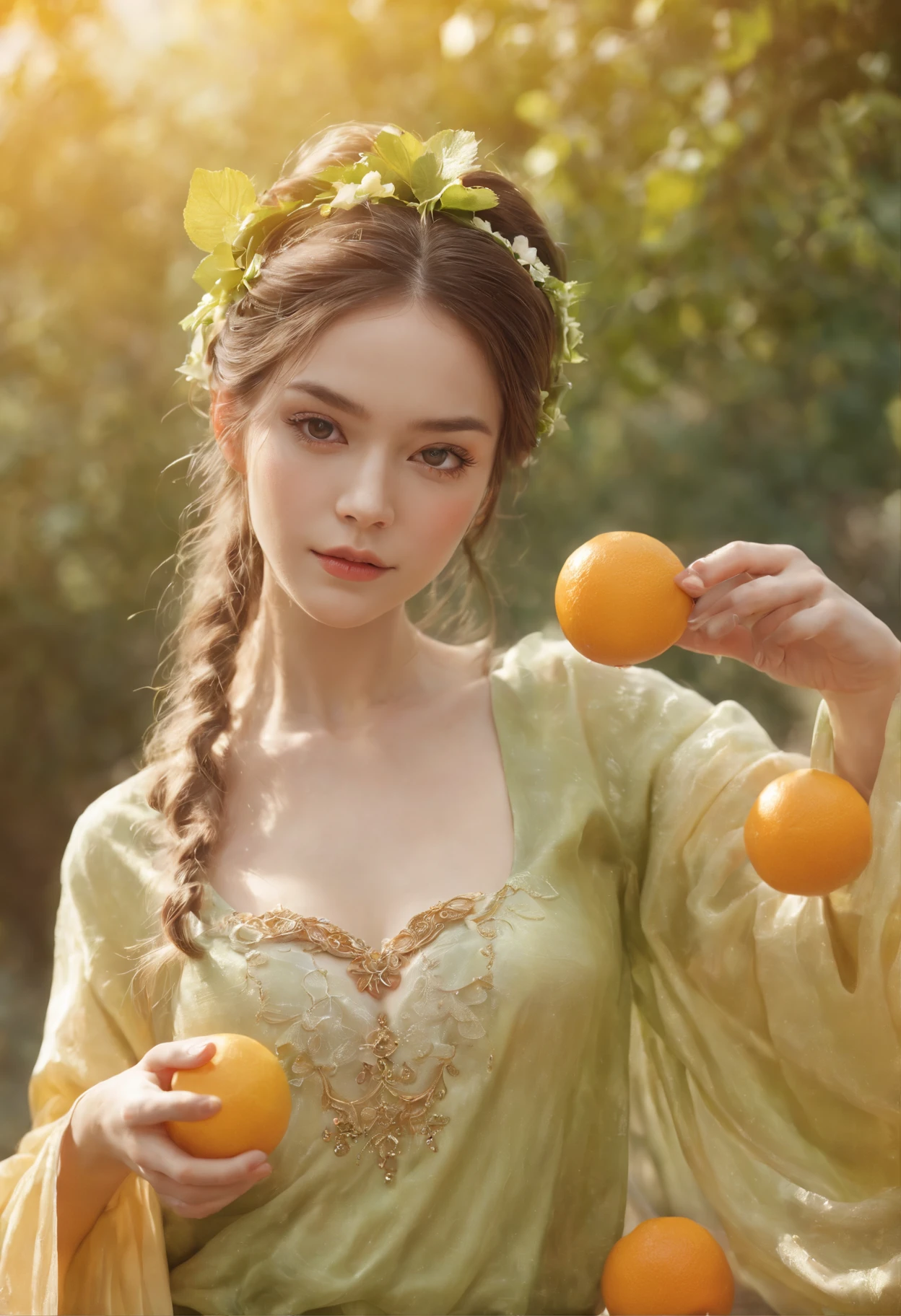 (超高分辨率,Best quality), (8K, Best quality, Masterpiece), ((NSFW)),Best quality, Masterpiece, illustration,CG ,Unity ,the wallpaper, offcial art, Amazing, finedetail, An extremely delicate and beautiful,Extremely detailed, Highly detailed, Sharp focus,Rich background,The background is blurred out, ((Small breasts)) The robe sparkles like citrus fruits, This banshee wields the power of oranges, lemons, and limes. She has a glowing sphere at the top of her staff，The color can be changed, Like the shadow change of the sunset on an orchard. Her hair was combed into intricate braids，It is decorated with citrus slices, Her eyes sparkled like freshly squeezed juice,Upper body