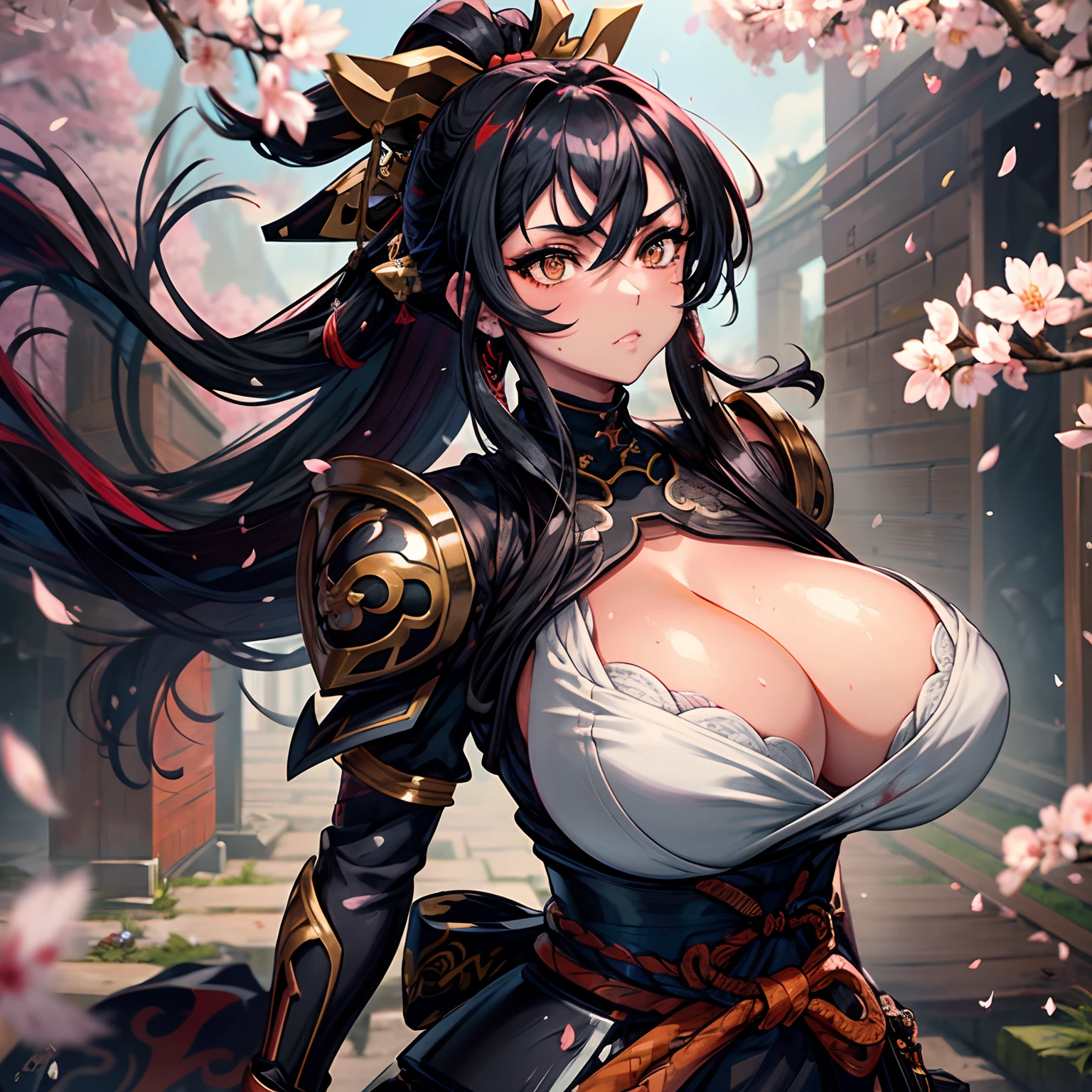 The most beautiful and sexy ninja warrior princess, black hair, orange eyes, wearing highly detailed white battle armor, huge gigantic tits, cleavage showing, tons of tattoos and piercings, blood splattered, cherry blossoms blowing in the wind, sengoku period, highly detailed background, perfect masterpiece, high quality, high resolution