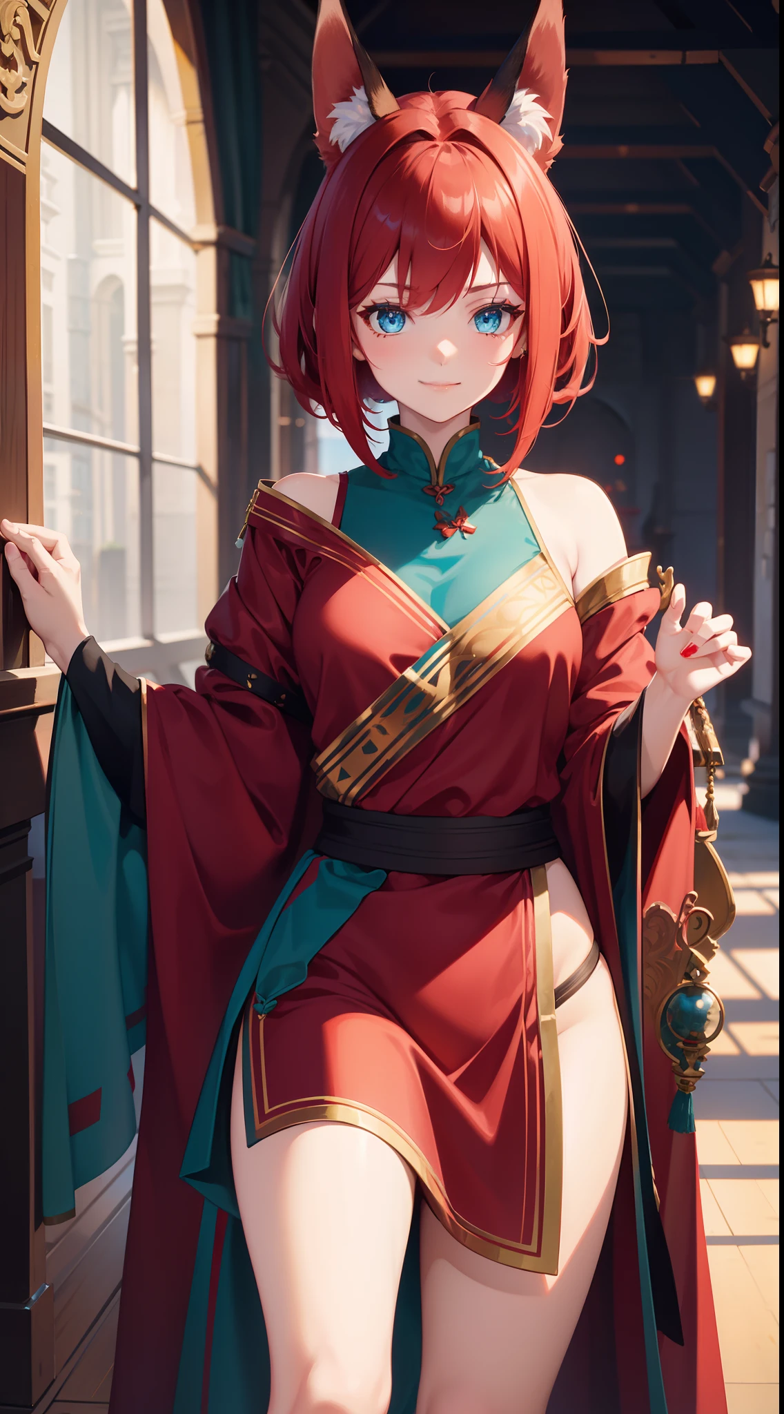 young girl, short red hair, high ponytail, Cyan eyes, Red Old Slavonic robe, open belly, ssmile, Fox ears, Fox tails, Masterpiece, hiquality, high detail, HD, 4k