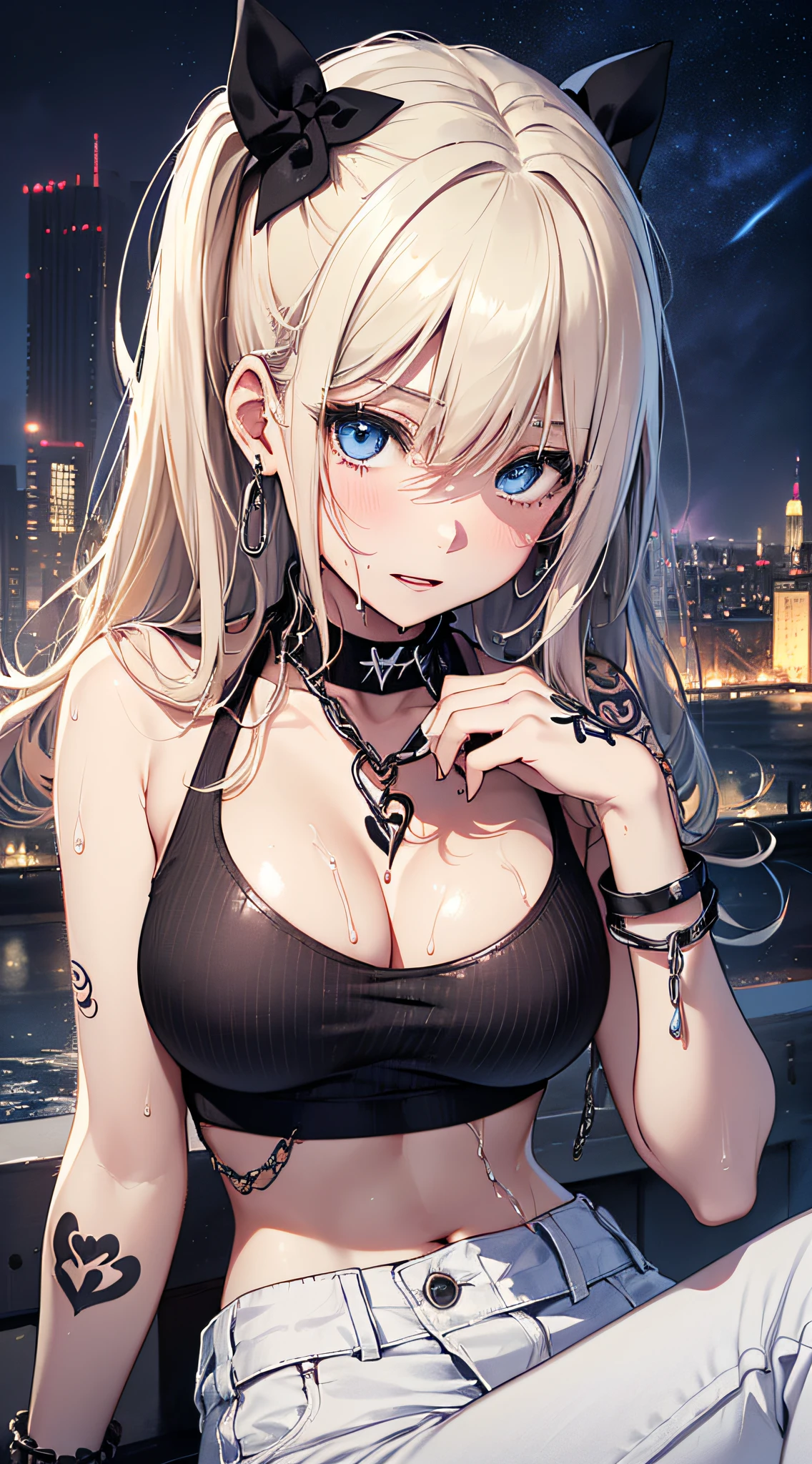 top-quality、Top image quality、​masterpiece、girl with((18year old、Tattoo of a heart symbol on the right shoulder、Black Navel Tank Top、White pants、Best Bust、Bust 85、a blond、poneyTail、Blue eyes、open chest wide、Happiness、Chain Accessories、Black wristband on wrist、all fours pose,A slender、whole body Dripping wet)）hiquality、visualart、Background with((City at night、Sateen、lightning bolt))、masutepiece