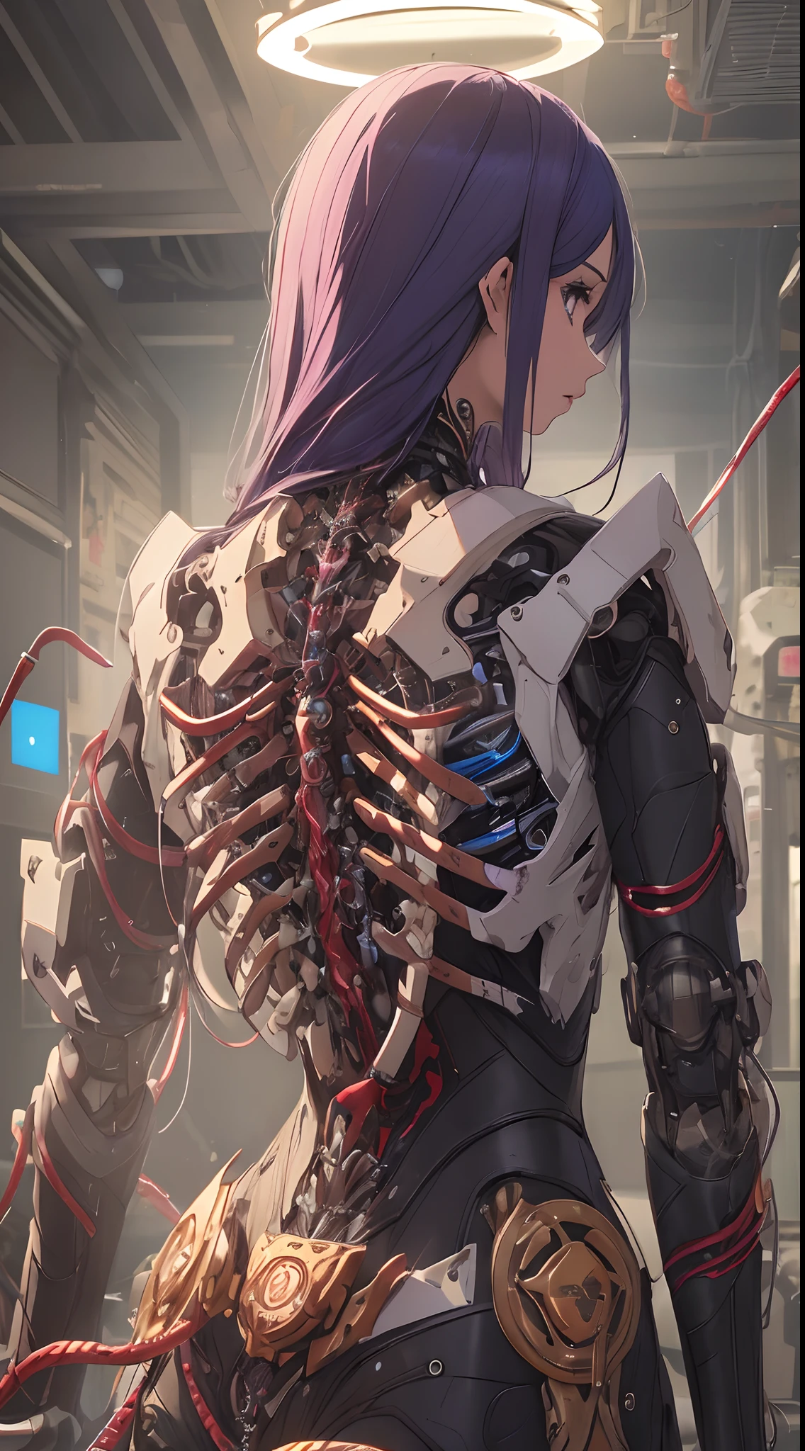 Top quality, masterpiece, fine details, very delicate 8k wallpaper, beautiful girl, (white ponytail), (close eyes), (bare back), (exposed shoulders, exposed scapula, exposed flank:1.5), show from the back to the shoulders, solo focus, back focus, (exoskeleton spine), (mechanical joints, mechanical limbs),