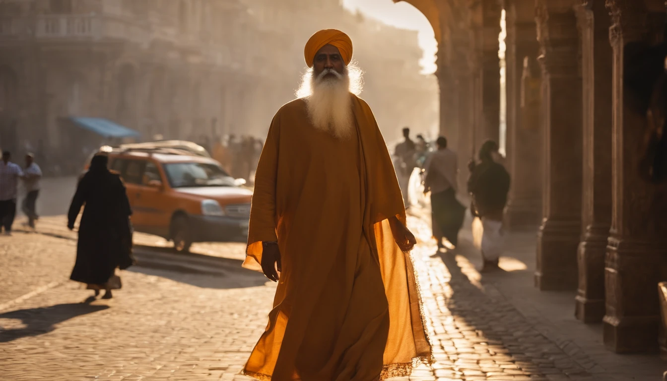 (best quality,4k,Altas),Sadhguru extremamente detalhado,(Realistic,photo-realistic:1.37),dynamic full-body portrait of Sadhguru walking in central New Delhi,paisagem urbana urbana,arquitetura moderna, ruas movimentadas, atmosfera vibrante,Vielas lotadas,Bustle of the city,motion blur,transeuntes borrados, energia viva,Face expressiva,Olhar Focado,flowing robes,captivating presence,aura flutuante,postura de comando,quadro alto e esguio,sorriso sutil,olhos penetrantes,paleta de cores rica,luz solar brilhante,sombras contrastantes,impressive scenery,Vendedores ambulantes, traffic lights, Travessia de pedestres,Caminhos em ziguezague,dynamic perspective,estilo impressionista,urban exploring,pessoas passando o dia,diversas culturas se fundindo,Imposing buildings,neon signs,reflective surfaces,ritmo acelerado,Hindi street music,cheiros de comida de rua,city's heartbeat following in Sadhguru's footsteps.