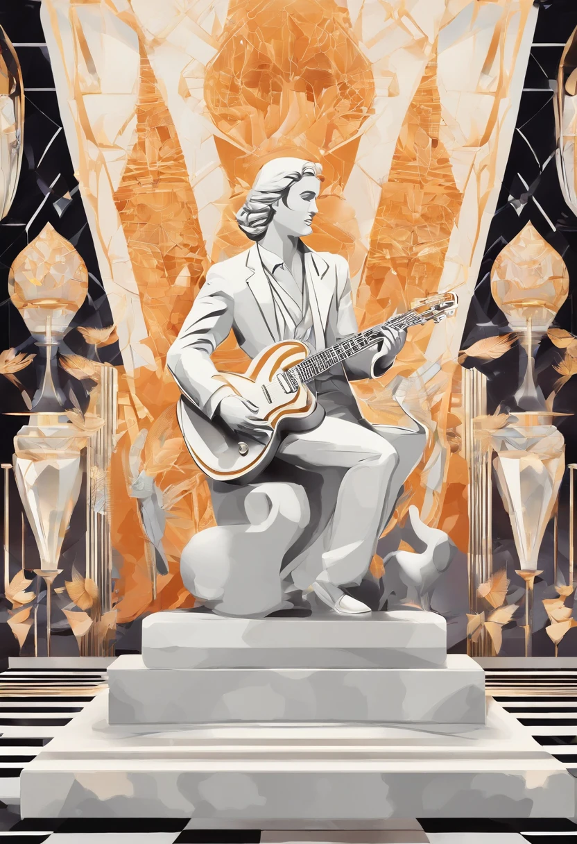 White marble statue of a rock and roll guitarist playing surrounded by fans everywhere cheering with his songs.