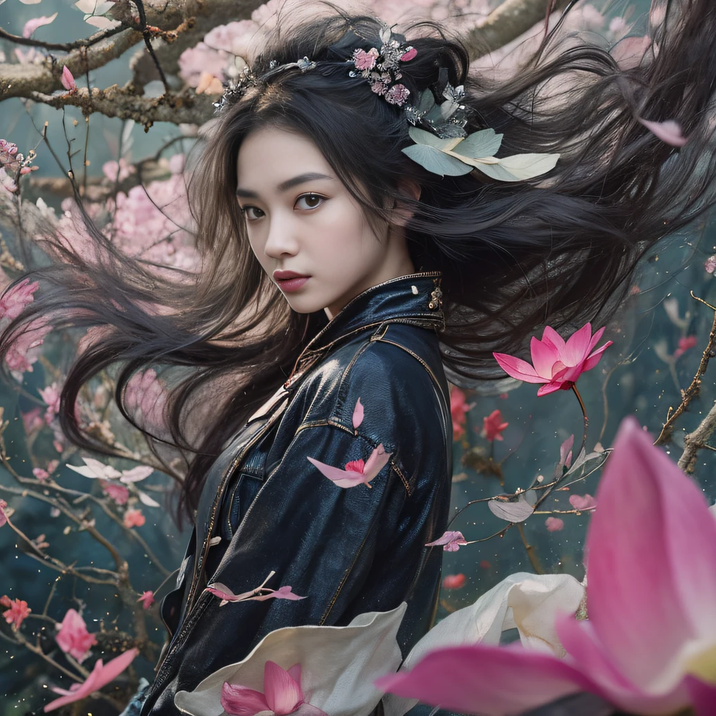 32K(tmasterpiece,k hd,hyper HD,32K)Long flowing black hair,ponds,zydink, a color, Aozhou people (Concubine girl), (Purple silk scarf), Combat posture, looking at the ground, long whitr hair, Floating hair, Carp pattern headdress, Chinese long-sleeved clothing, (Abstract gouache splash:1.2), Pink petal background,Pink and white lotus flowers fly(realisticlying:1.4),Black color hair,Fallen leaves flutter,The background is pure, A high resolution, the detail, RAW photogr, Sharp Re, Nikon D850 Film Stock Photo by Jefferies Lee 4 Kodak Portra 400 Camera F1.6 shots, Rich colors, ultra-realistic vivid textures, Dramatic lighting, Unreal Engine Art Station Trend, cinestir 800,Long flowing black hair,Denim skirt
