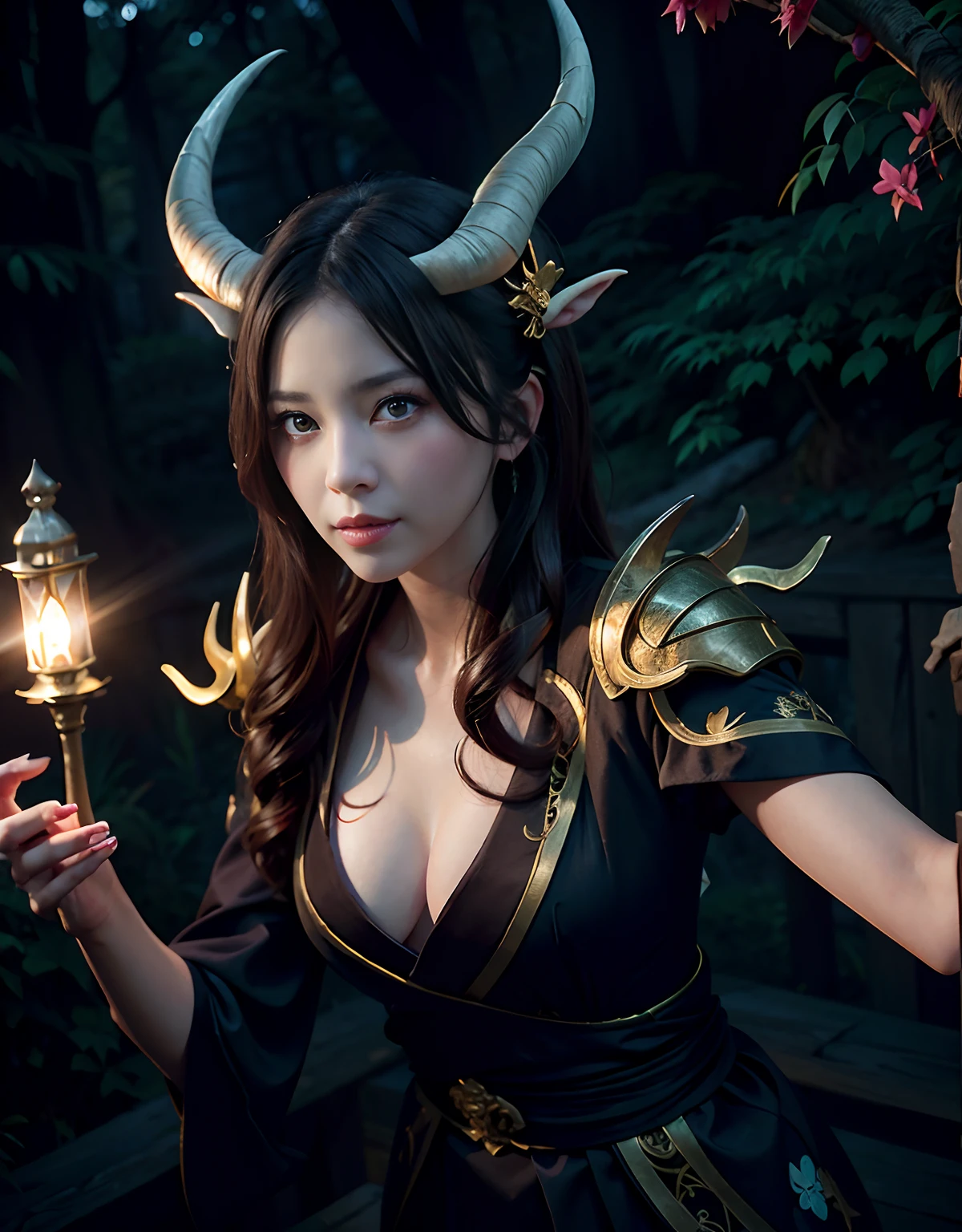 ((White ghost flies)),Professional , masterpiece、top-quality、photos realistic , depth of fields 、(Various poses)、(Background of cherry blossoms in full bloom),(Ultimate Beauty)、A dark-haired、()、(Kimono with scary pattern)、(Night background)、((Devil's Wings Grow)),(Wear a kimono with a horror pattern),(Wearing a beautiful kimono with colorful scary patterns)、Jewel Gold Weapon、Particles of light),(Has a devil's mask)、Gorgeous gold weapons ,Skeleton population、(( Gorgeous Dragon Sword)) , (a dark night),,() 、((Black Haired Beautiful Girl))、(Castle background)、(demonic wings)、((Gangle's forest background))、Beautiful Caucasian beauty、1a person、dynamic ungle,(((Two devil's horns on the head)))、Smaller head、Idle Smile、Thin and beautiful female hands、Mystical expression、Light Effects、intense fighting、Wind-effect、magic circles、With the legendary magic wand、Dragon's tail、