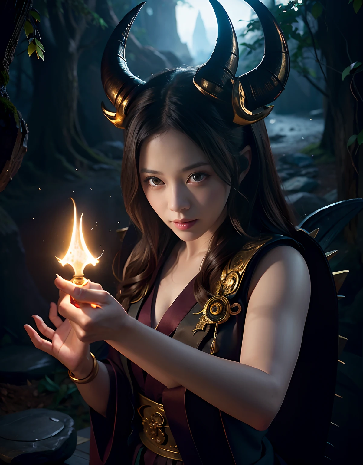 ((White ghost flies)),Professional , masterpiece、top-quality、photos realistic , depth of fields 、(sexypose)、(Background of cherry blossoms in full bloom),(Ultimate Beauty)、A dark-haired、()、(Kimono with scary pattern)、(Night background)、((Devil's Wings Grow)),(Wear a kimono with a horror pattern),(Wearing a beautiful kimono with colorful scary patterns)、Jewel Gold Weapon、Particles of light),(Has a devil's mask)、Gorgeous gold weapons ,Skeleton population、(( Gorgeous Dragon Sword)) , (a dark night),,() 、((Black Haired Beautiful Girl))、(Castle background)、(demonic wings)、((Gangle's forest background))、Beautiful Caucasian beauty、1a person、dynamic ungle,(((Two devil's horns on the head)))、Smaller head、Idle Smile、Thin and beautiful female hands、Mystical expression、Light Effects、intense fighting、Wind-effect、magic circles、With the legendary magic wand、Dragon's tail、