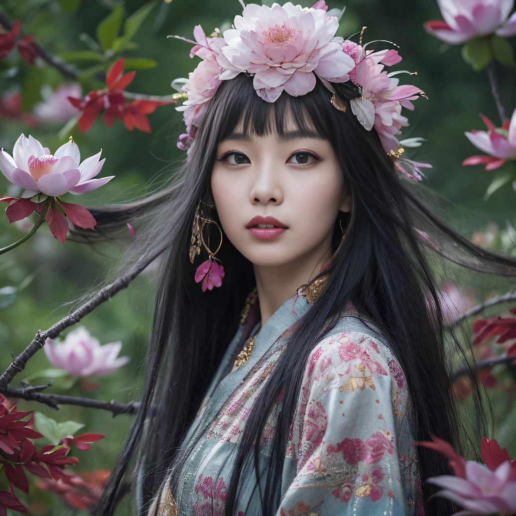 32K（tmasterpiece，k hd，hyper HD，32K）Long flowing black hair，ponds，zydink， a color， Aozhou people （Concubine girl）， （Purple silk scarf）， Combat posture， looking at the ground， long whitr hair， Floating hair， Carp pattern headdress， Chinese long-sleeved clothing， （Abstract gouache splash：1.2）， Pink petal background，Pink and white lotus flowers fly（realisticlying：1.4），Black color hair，Fallen leaves flutter，The background is pure， A high resolution， the detail， RAW photogr， Sharp Re， Nikon D850 Film Stock Photo by Jefferies Lee 4 Kodak Portra 400 Camera F1.6 shots, Rich colors, ultra-realistic vivid textures, Dramatic lighting, Unreal Engine Art Station Trend, cinestir 800，Long flowing black hair，Denim skirt