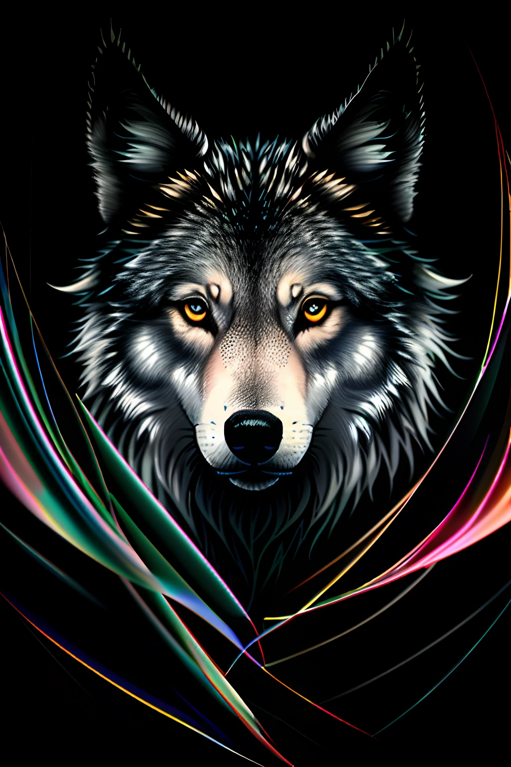 swirling vortexes, a gray wolf, grace, dignified, integrity, holiness, brave heart, fang, neon gradation lighting, professional art work, ultra quality, associate graphic illustration, heat haze mist, (soft smooth long fur:1.2), through the darkness, clear eyes, blowing wild, demon of war, broken glass dripping background intricate detail,