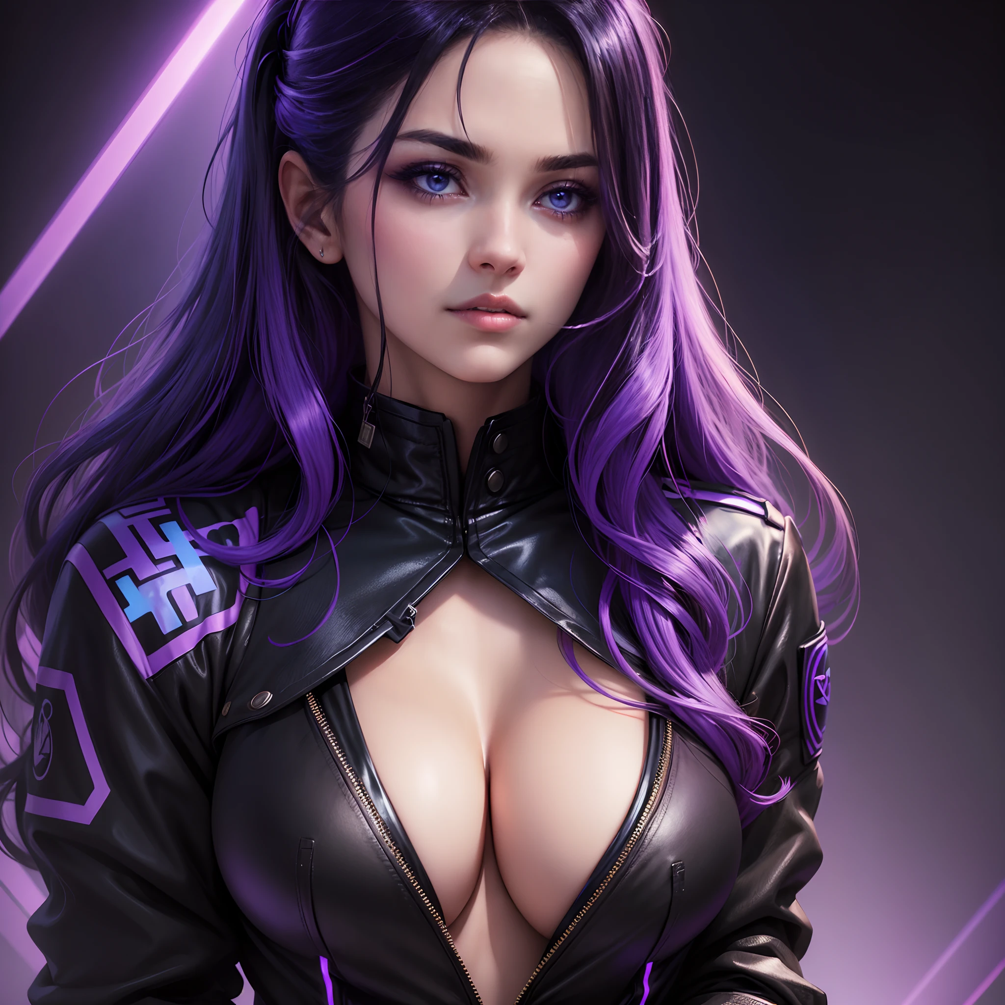 ((masterpiece)), ((realistic)), single portrait of a beautiful woman wearing a black military jacket, deep cleavage, long wavy black hair with purple and blue neon highlights and lighting, detailed sensual face, plain black background, purple and blue neon lighting