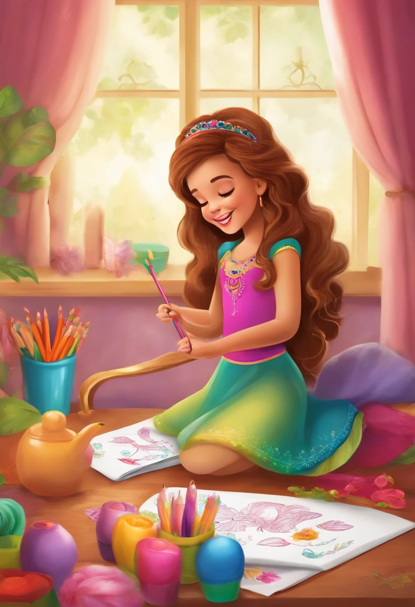 happy girl, sitting with her family, coloring a princess drawing, bright colors to inspire creativity and learning. Use bright colors and playful elements to make it fun and engaging