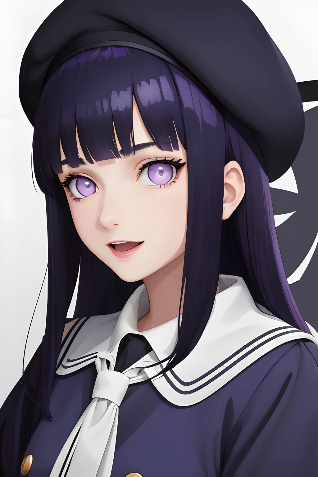 masterpiece, best quality, 1girl, solo, vesti \(nikke\), :D, close-up, beret,Blunt Bangs, purple eyes, dark blue hair