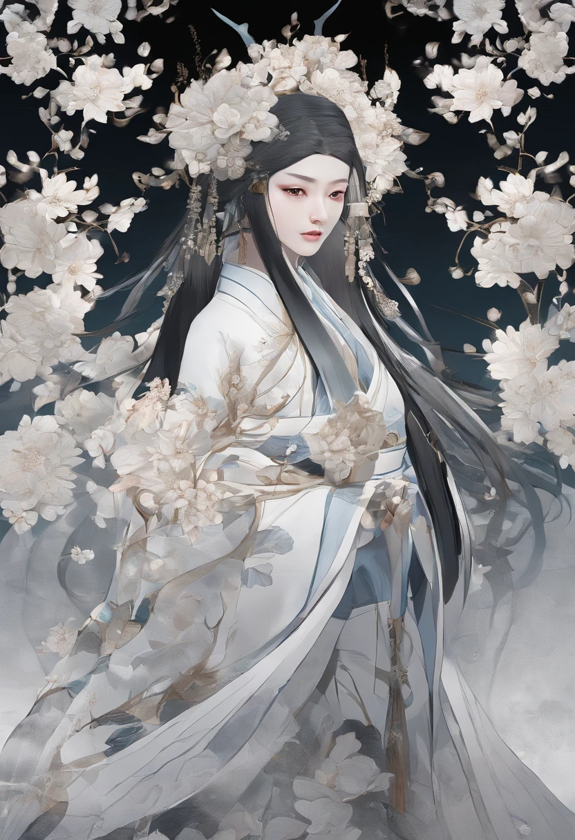 White style,onmyoji,male people,mistic,Ghastly,A white veil covers the face,dark night background,Shikigami,Flower paper,White umbrella,Seimei Abe