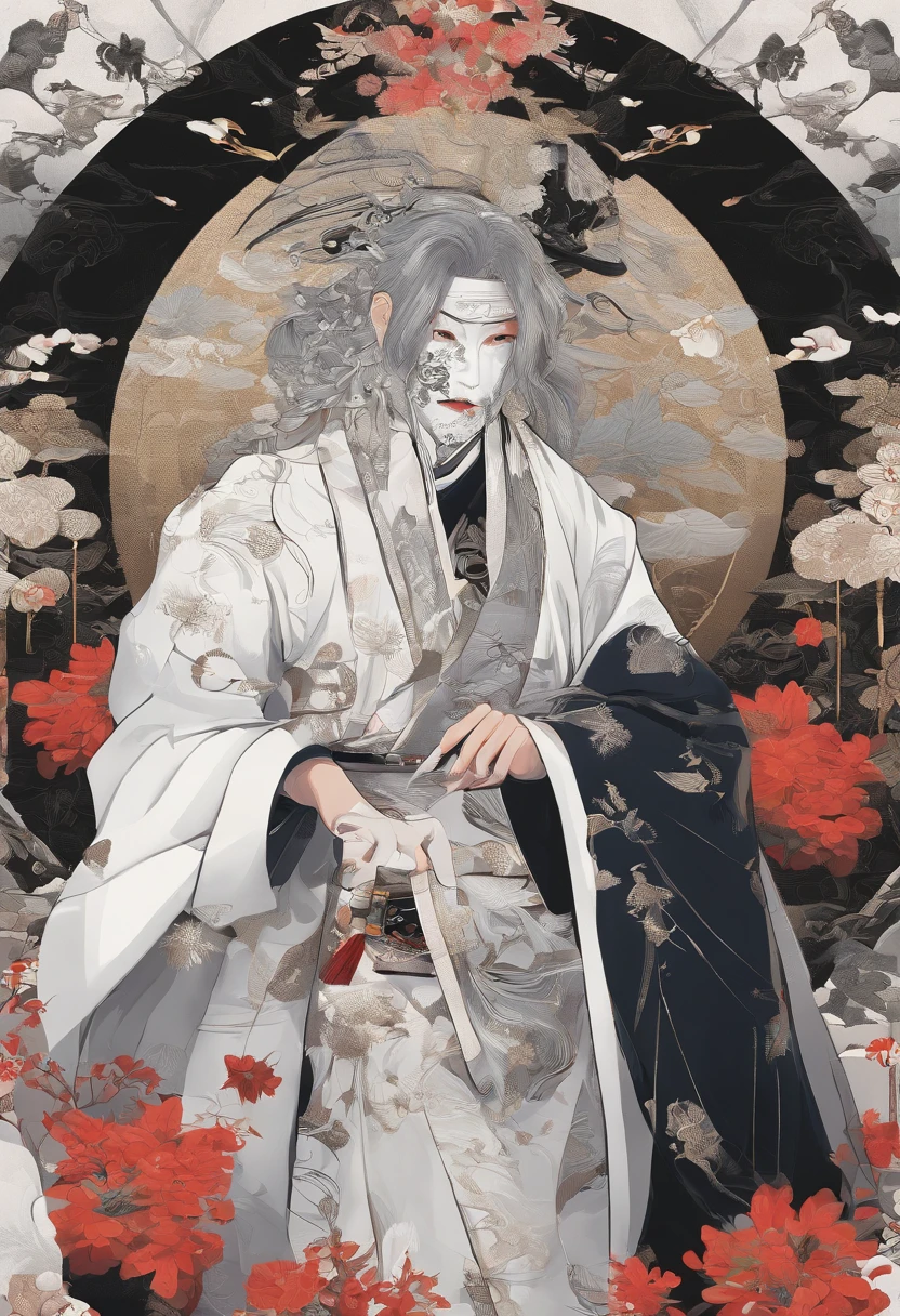 White style,onmyoji,male people,mistic,Ghastly,A white veil covers the face,dark night background,Shikigami,Flower paper,White umbrella,Seimei Abe