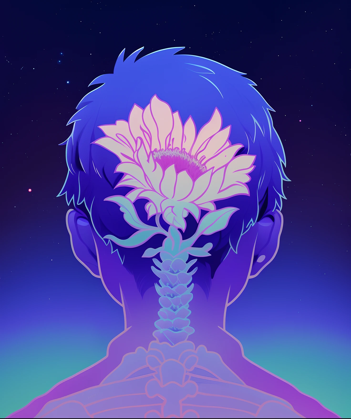 A closeup of a person with a flower on their head, flores crescendo fora de seu corpo, dreamy psychedelic anime, Jen Bartel, flores crescem do corpo, flower head, Beeple e James Jean, ethereal flowerpunk, psychedelic aesthetic, foto de perfil do discord, arte oficial, Beeple e Jeremias Ketner, arte da capa do flume, psychedelic illustration