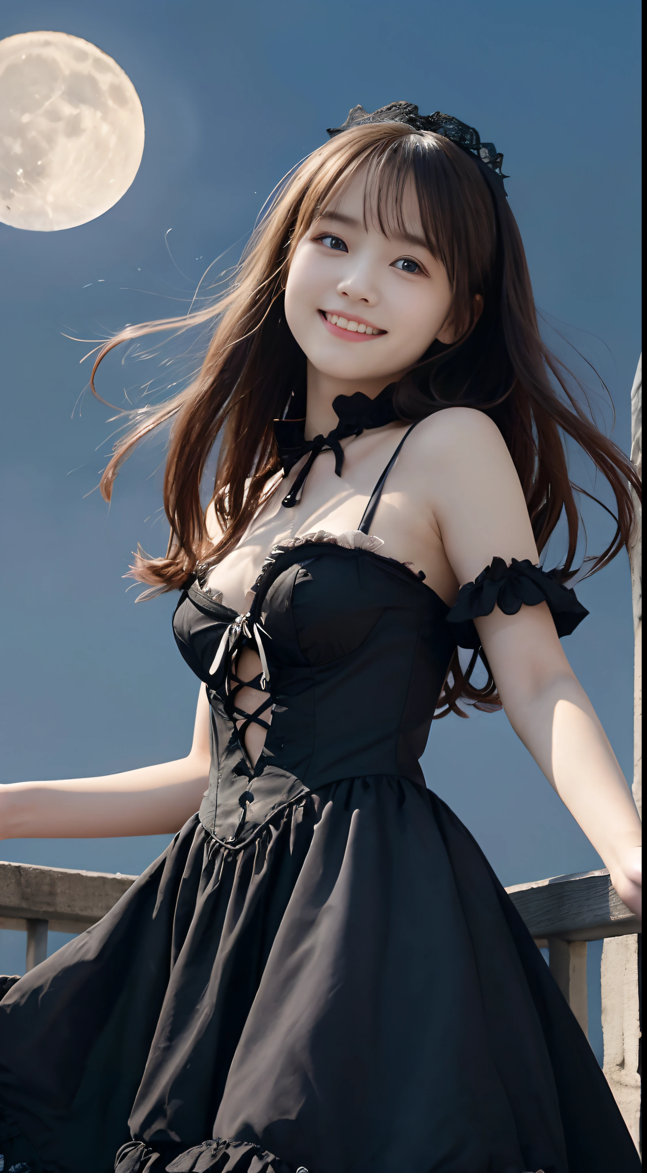 (Dressed in Gothic and Lolita costumes、One girl with slender small breasts and long hair:1.5)、(One girl looking at camera with small smile and hair swaying in the wind :1.5)、(low angle shot :1.5)、(Beautiful full moon night:1.5)、(Perfect Anatomy:1.3)、(No mask:1.3)、(complete fingers:1.3)、Photorealsitic、Raw photography、masutepiece、top-quality、hight resolution、delicate and pretty、face perfect、Beautiful detailed eyes、Fair skin、Real Human Skin、pores、((thin legs))、(Dark hair)