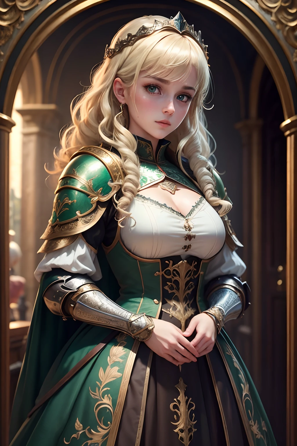 1girl, masterpiece, best quality, 8k, detailed skin texture, detailed cloth texture, beautiful detailed face, intricate details, ultra detailed, a european girl, green eyes, blonde curly hai, 3D character, Medieval Knight