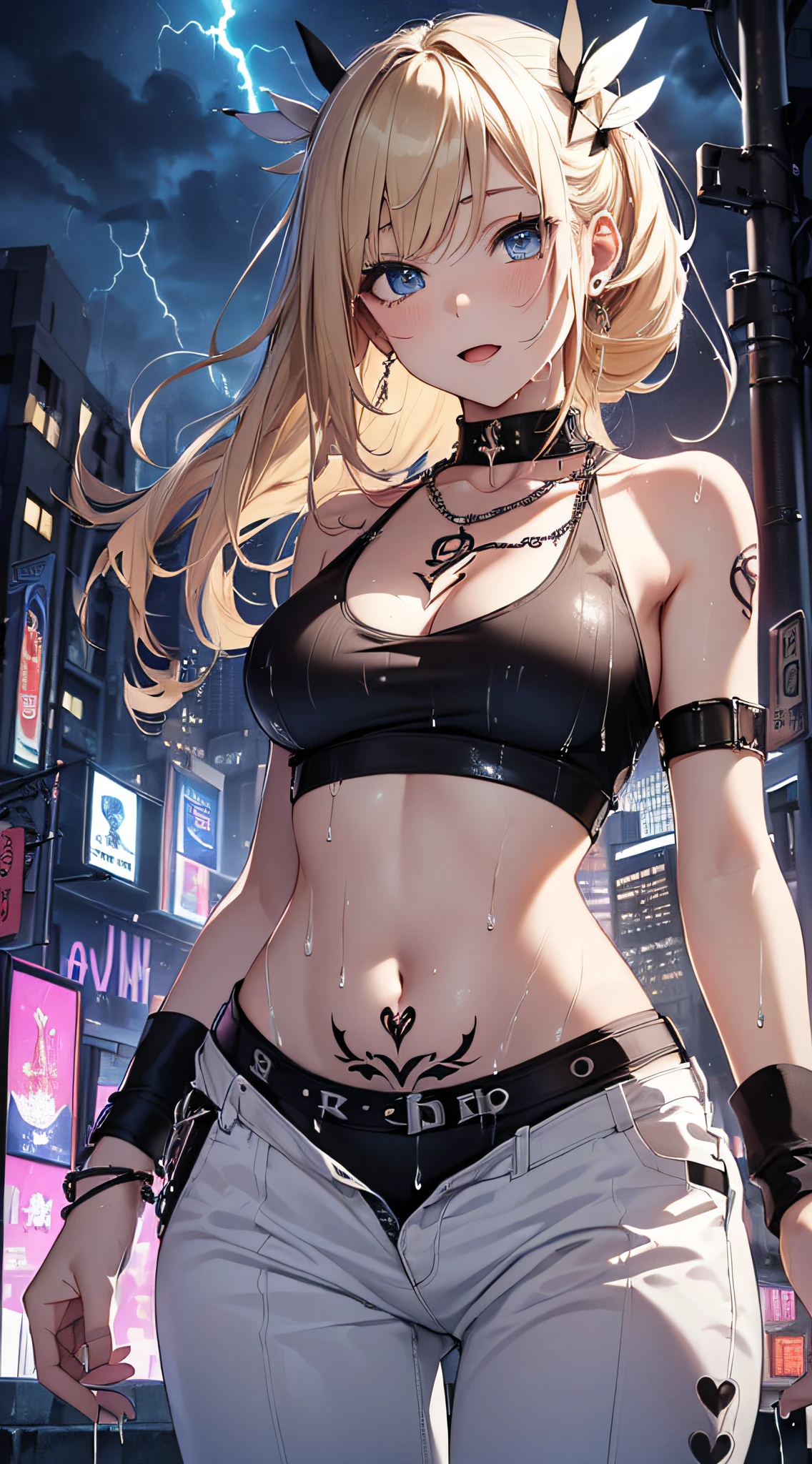 top-quality、Top image quality、masterpiece、girl with((18year old、Tattoo of the heart symbol on the right shoulder、Black Navel Tank Top、White pants、Best Bust、Bust 85、a blond、poneyTail、Blue eyes、open chest wide、Happiness、Chain Accessories、Black wristband on wrist、jamping,A slender、whole body Dripping wet))hiquality、visualart、Background with((City at night、Sateen、lightning bolt))、masutepiece