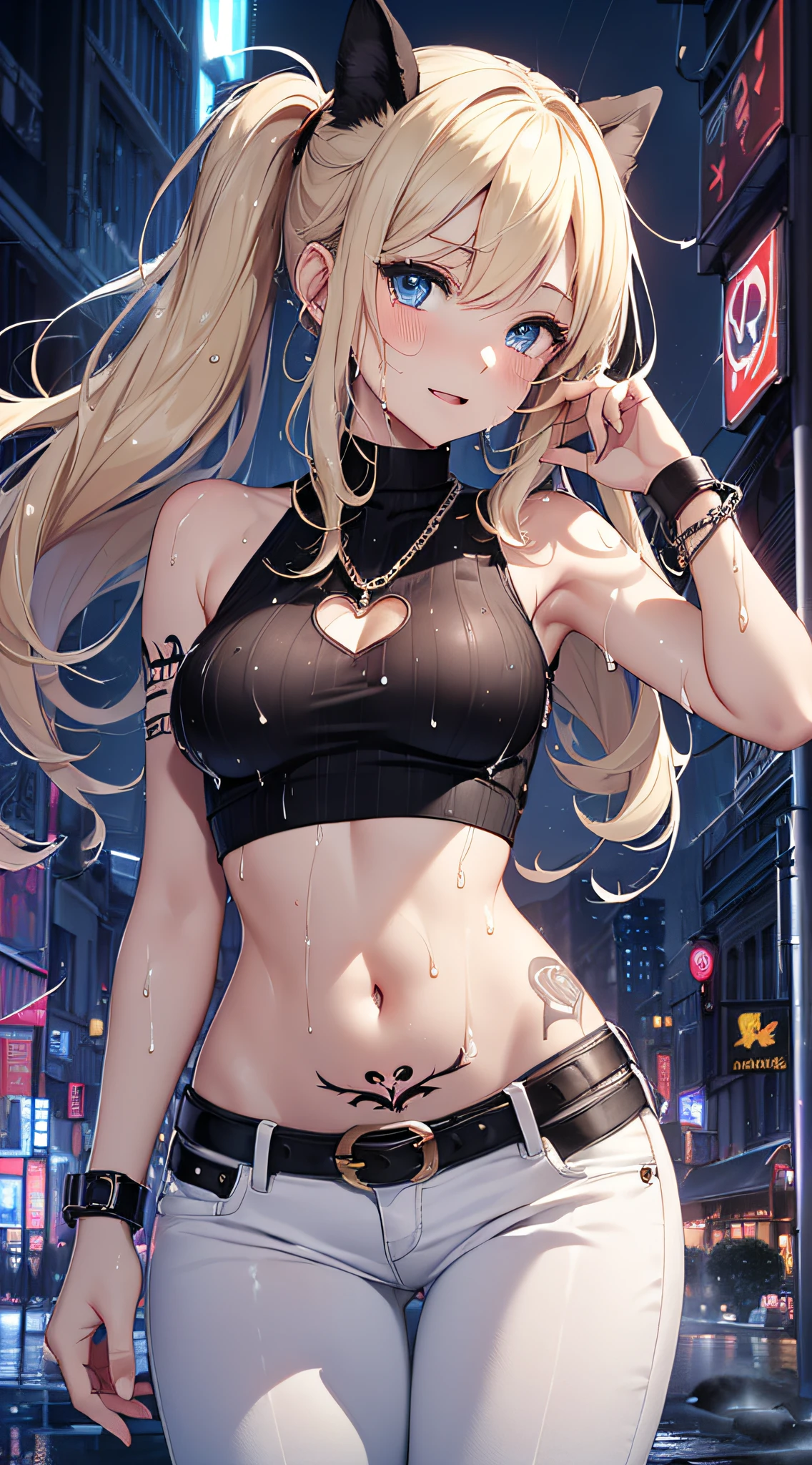 top-quality、Top image quality、masterpiece、girl with((18year old、Tattoo of the heart symbol on the right shoulder、Black Navel Tank Top、White pants、Best Bust、Bust 85、a blond、poneyTail、Blue eyes、open chest wide、Happiness、Chain Accessories、Black wristband on wrist、jamping,A slender、whole body Dripping wet))hiquality、visualart、Background with((City at night、Sateen、lightning bolt))、masutepiece