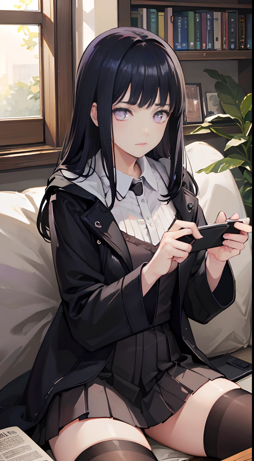A girl with shoulder-length dark knight hair and purple eyes, Blunt Bangs, Wears a black trench coat with a hood, Brown stockings, and black knee-length boots, standing in living room. 
(Best quality,4K,8K,A high resolution,Masterpiece:1.2), Ultra-detailed, (Realistic,Photorealistic,photo-realistic:1.37), hdr, hyper HD, Studio lighting, Extreme detail description, professional, Vivid colors, Bokeh, sportrait, comfortable atmosphere, Warm color tones, Soft natural lighting, vintage decor, Comfortable sofa, wooden coffee table, Bookshelves for books and plants, Natural sunlight through the windows.